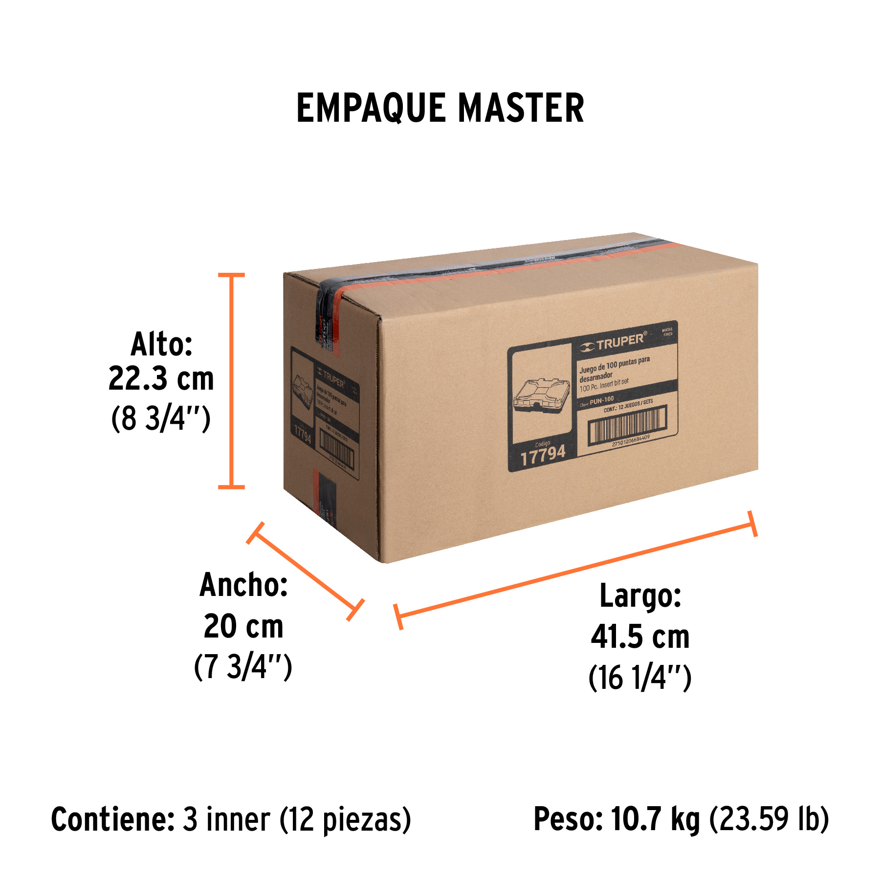 Juego de 100 puntas mixtas largo 1" en estuche plástico TRUPER
