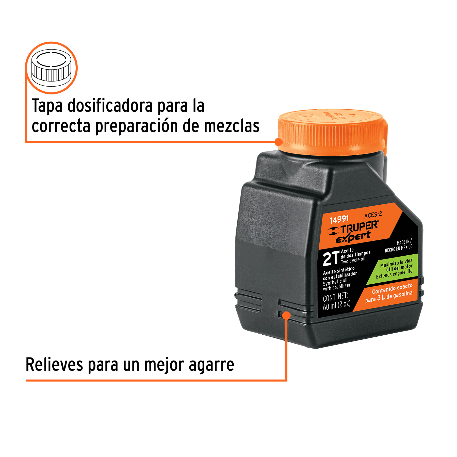 Aceite sintético para motor de 2 tiempos, 60 ml TRUPER
