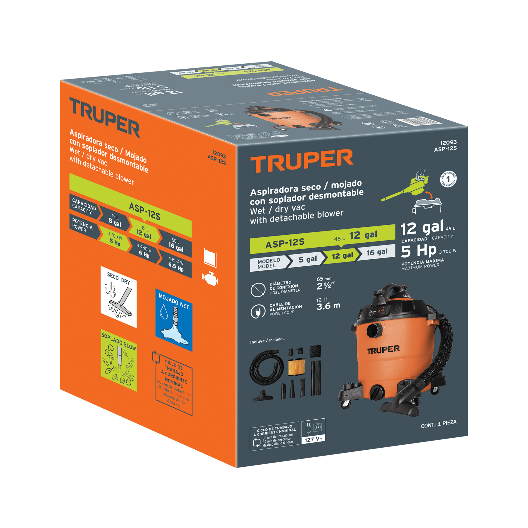 Aspiradora sólidos y líquidos, 12 gal, soplador desmontable TRUPER