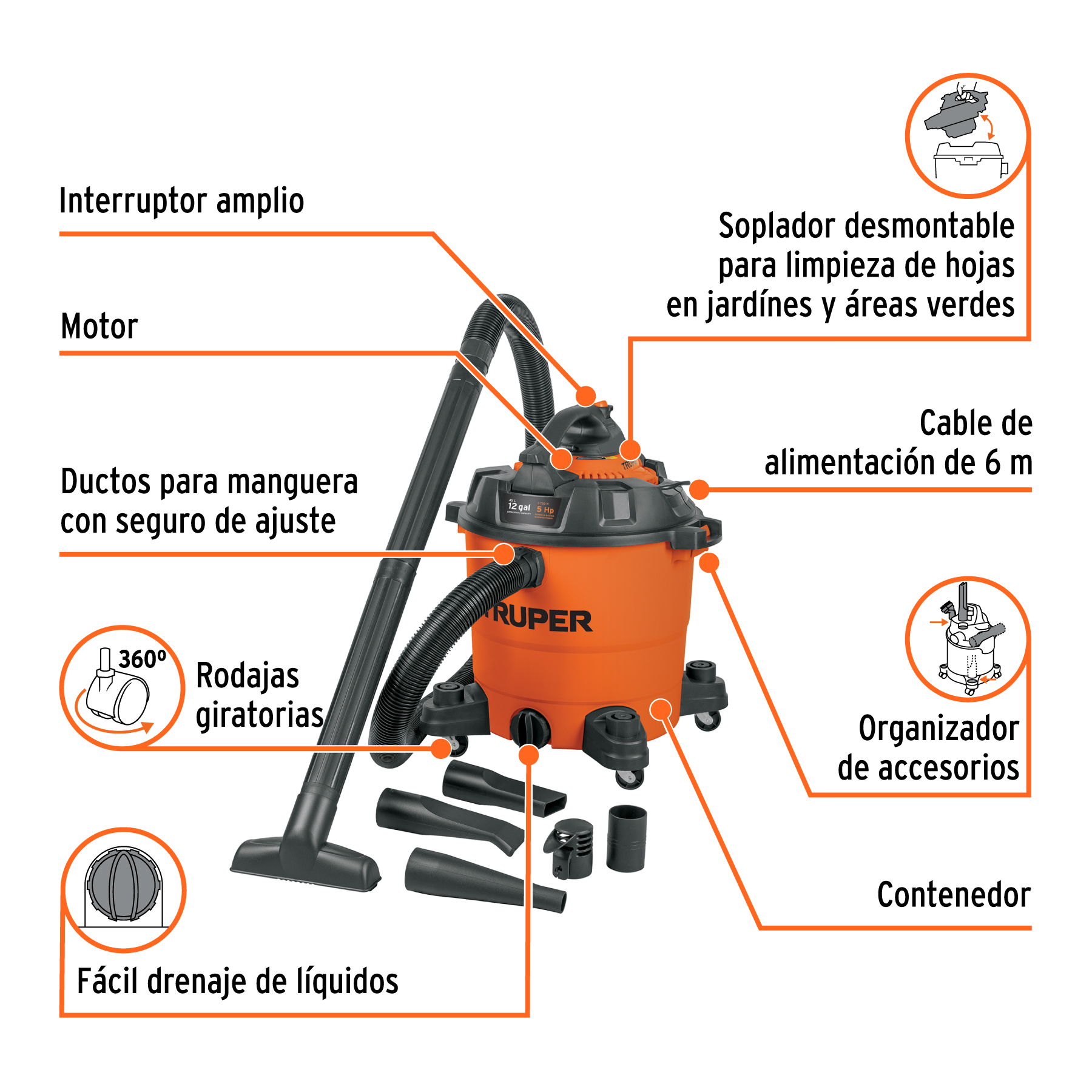 Aspiradora sólidos y líquidos, 12 gal, soplador desmontable TRUPER