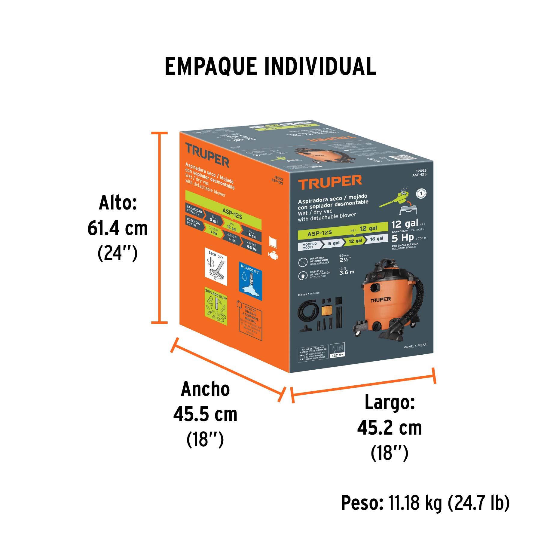 Aspiradora sólidos y líquidos, 12 gal, soplador desmontable TRUPER