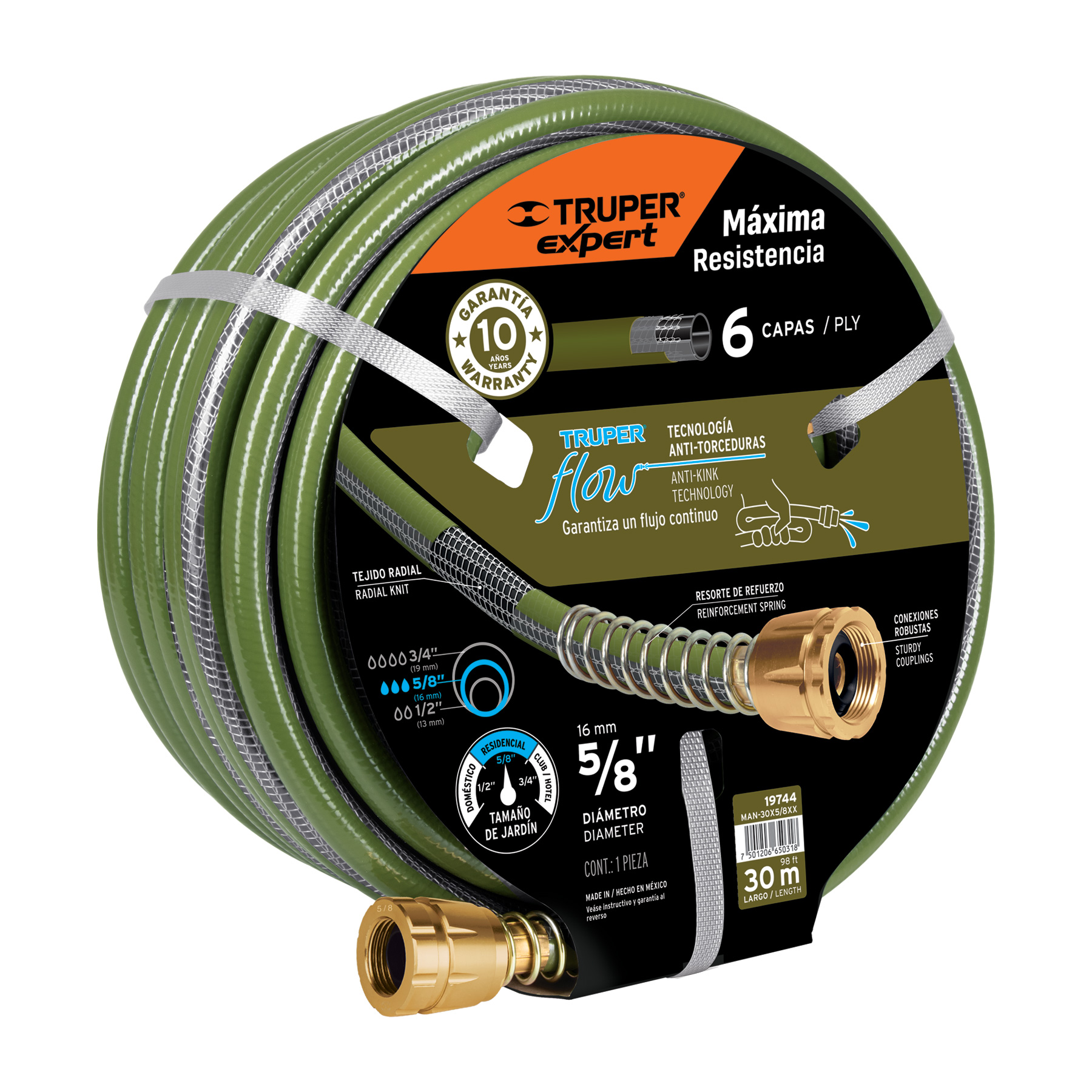 Manguera 5/8" anti-torceduras 6 capas 30m conexiones d/metal TRUPER