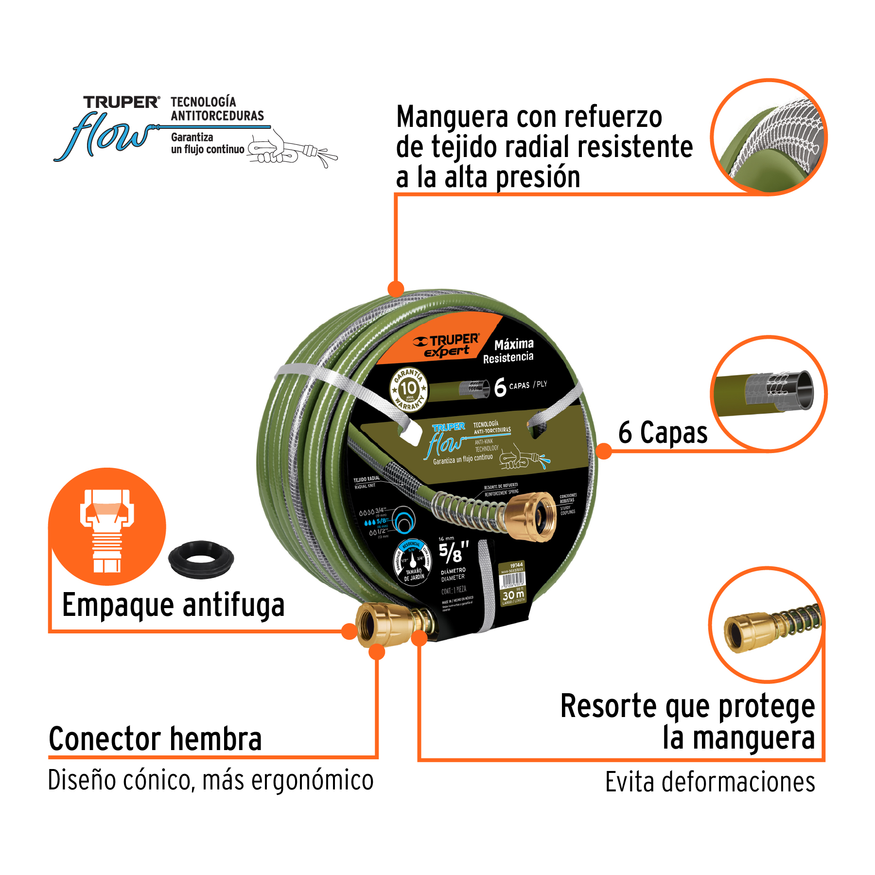 Manguera 5/8" anti-torceduras 6 capas 30m conexiones d/metal TRUPER
