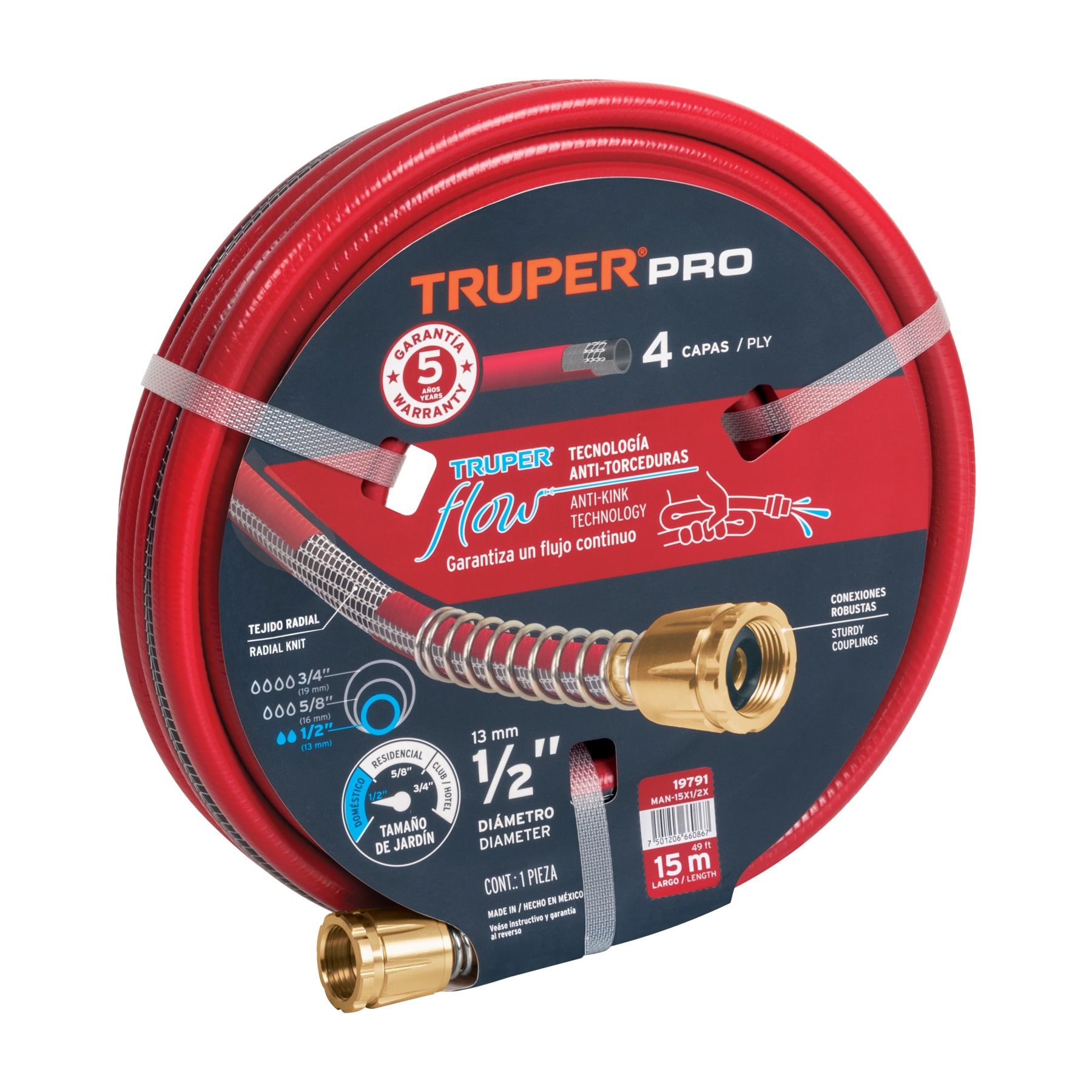Manguera 1/2" super reforzada 4 capas 15 m conexiones metal TRUPER