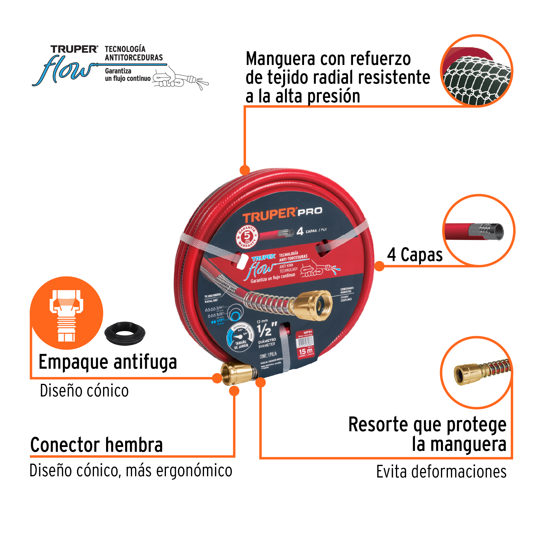 Manguera 1/2" super reforzada 4 capas 15 m conexiones metal TRUPER