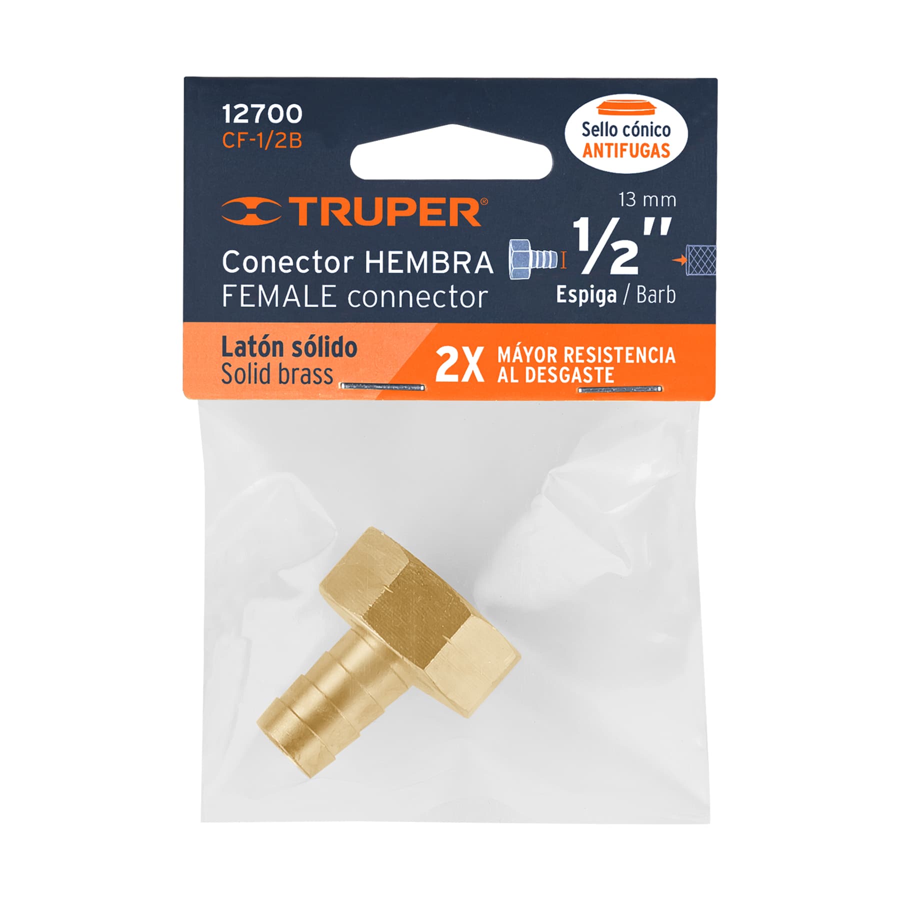Conector 1/2" hembra de latón sólido para manguera, TRUPER TRUPER