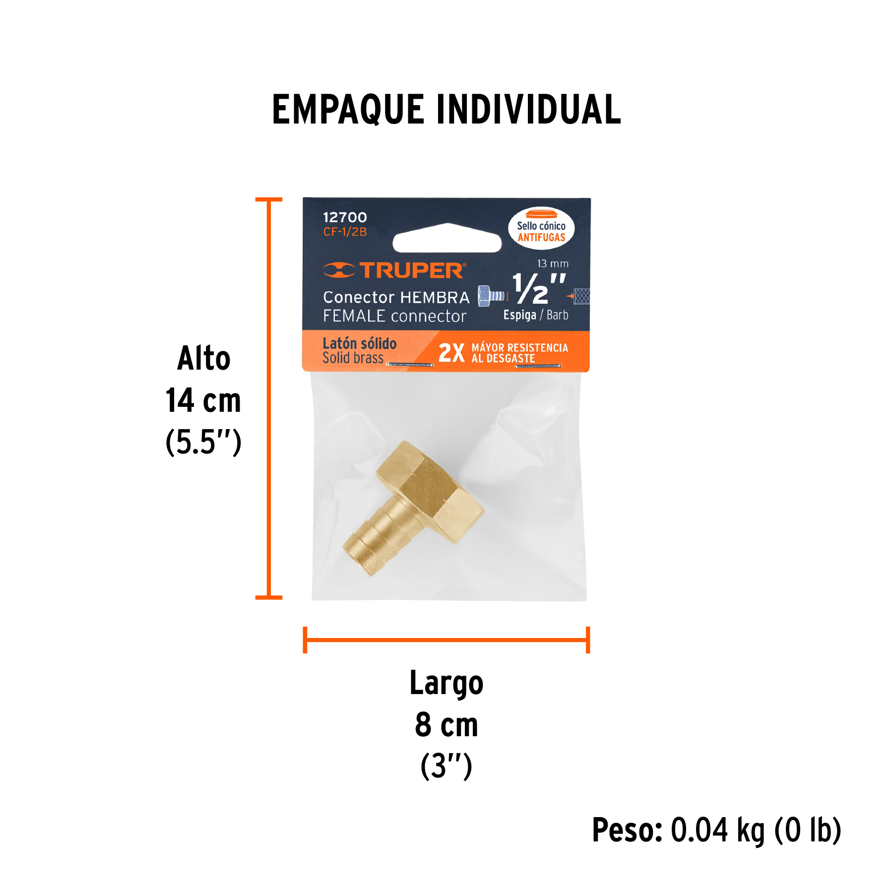 Conector 1/2" hembra de latón sólido para manguera, TRUPER TRUPER