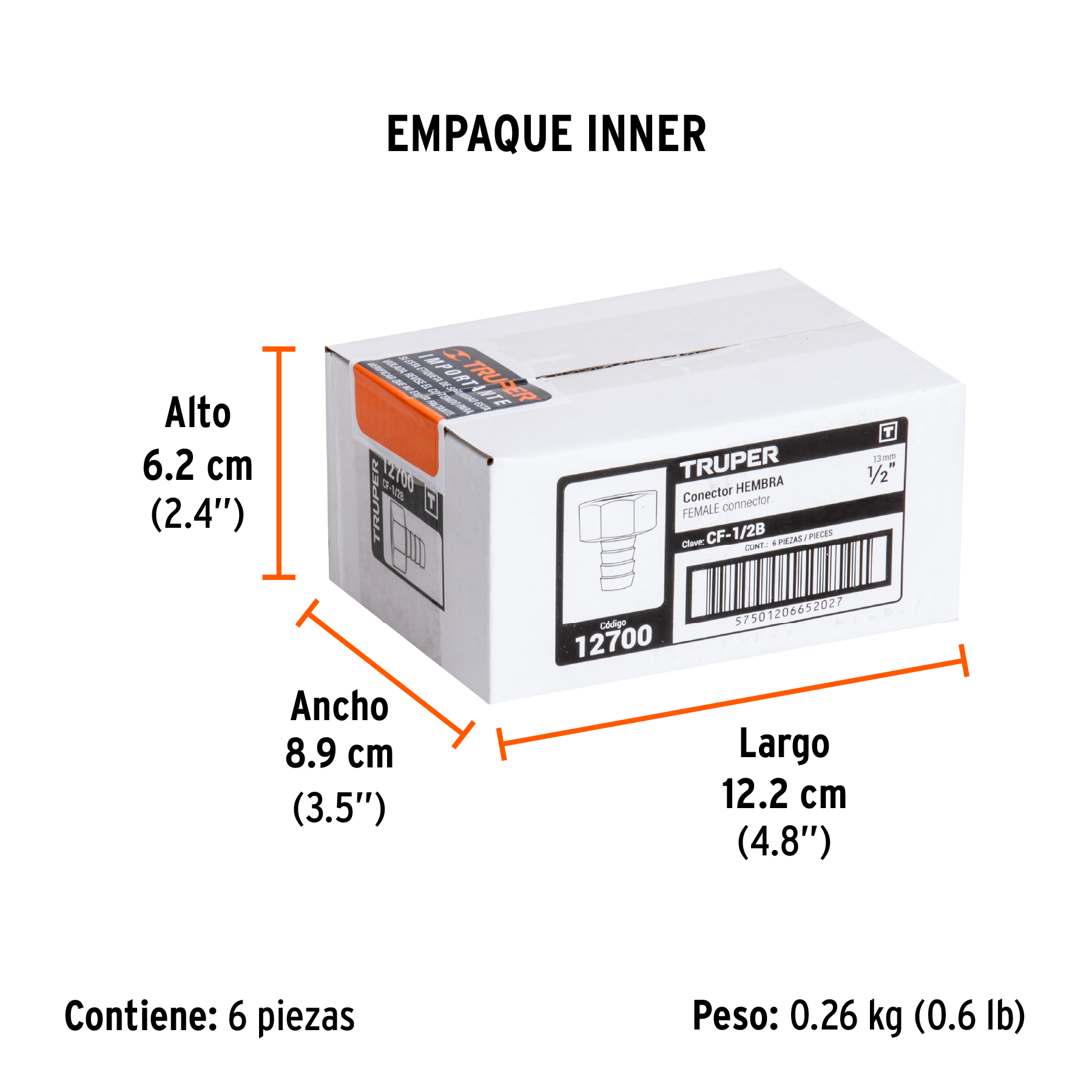 Conector 1/2" hembra de latón sólido para manguera, TRUPER TRUPER