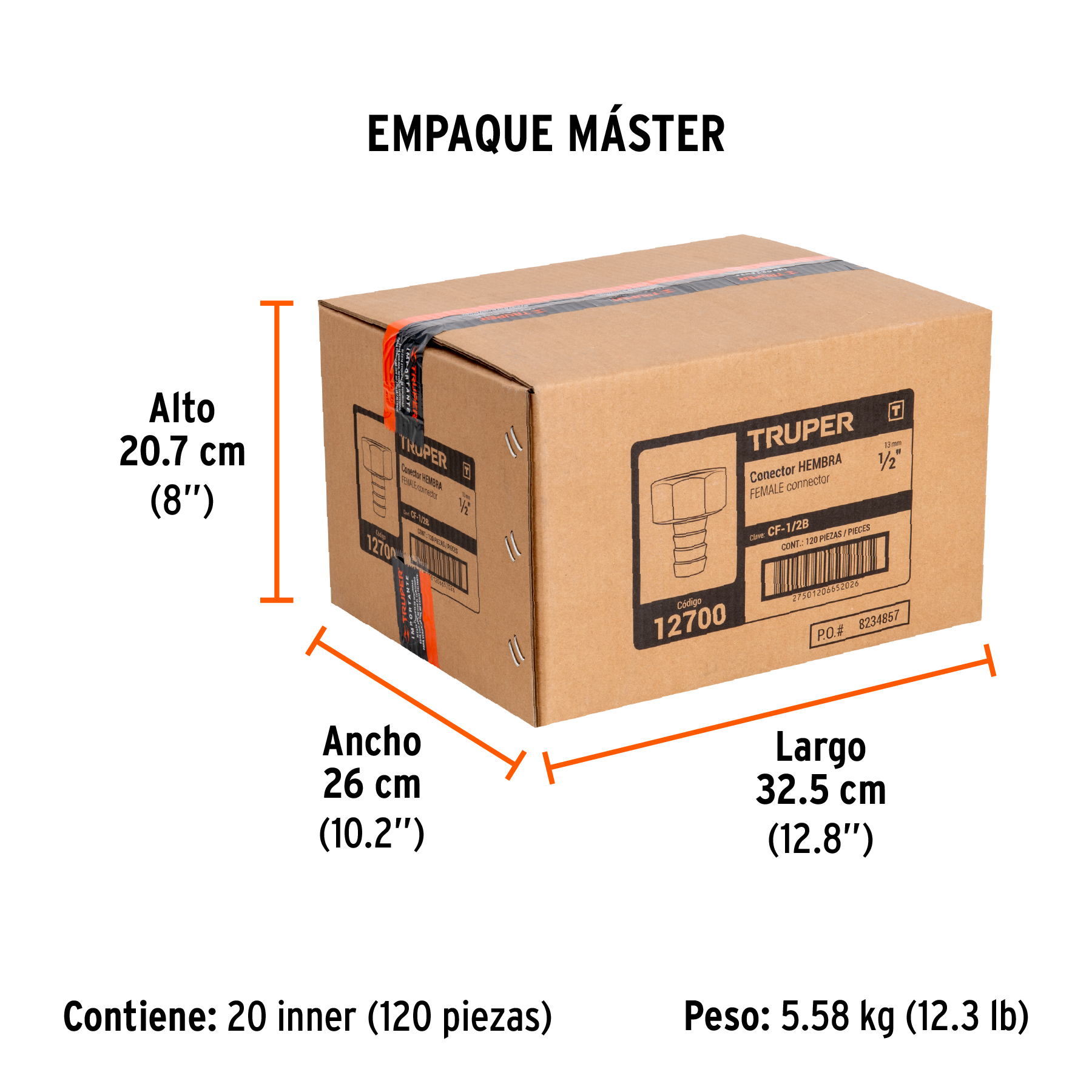 Conector 1/2" hembra de latón sólido para manguera, TRUPER TRUPER