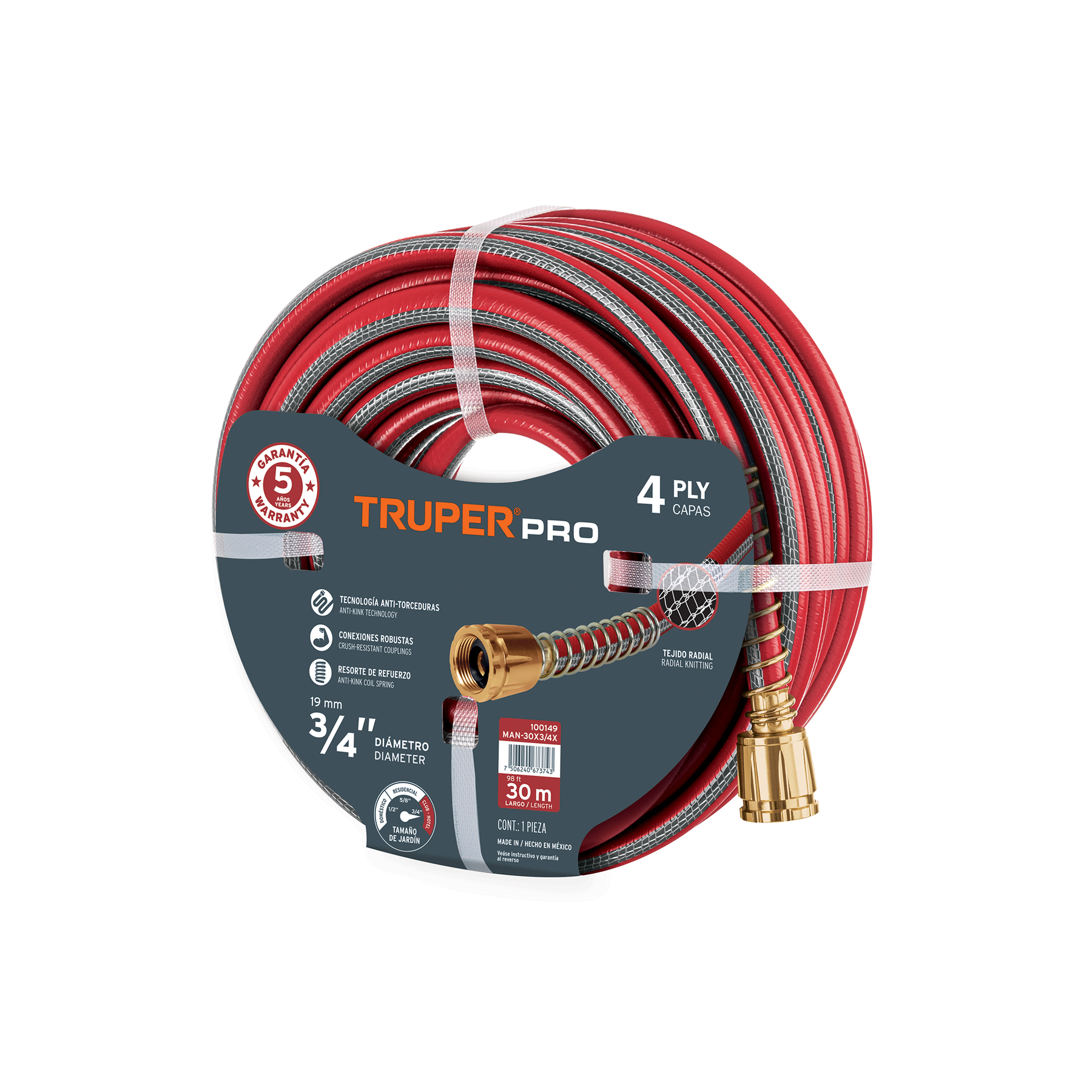 Manguera 1/2" super reforzada 4 capas 25 m conexiones metal TRUPER