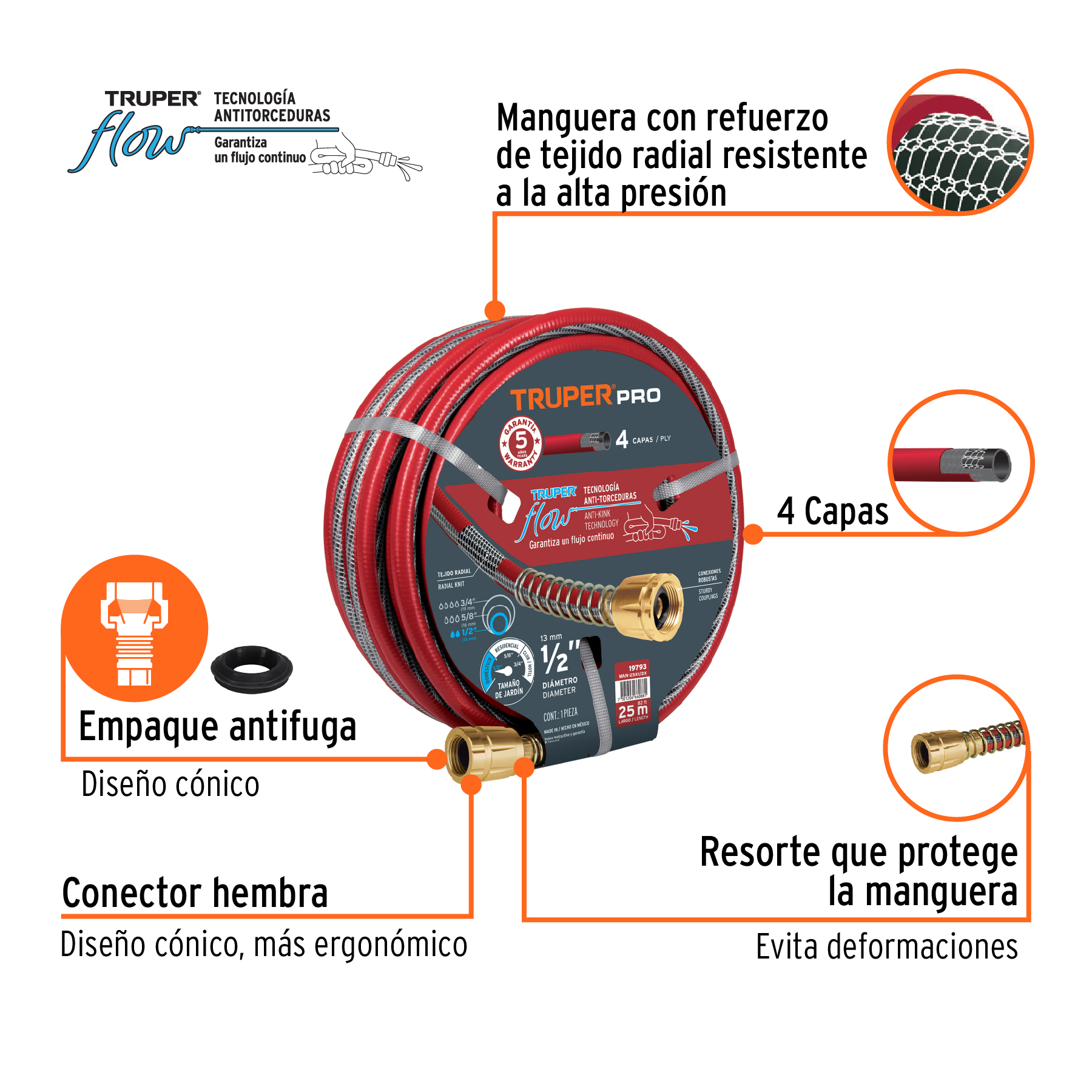 Manguera 1/2" super reforzada 4 capas 25 m conexiones metal TRUPER