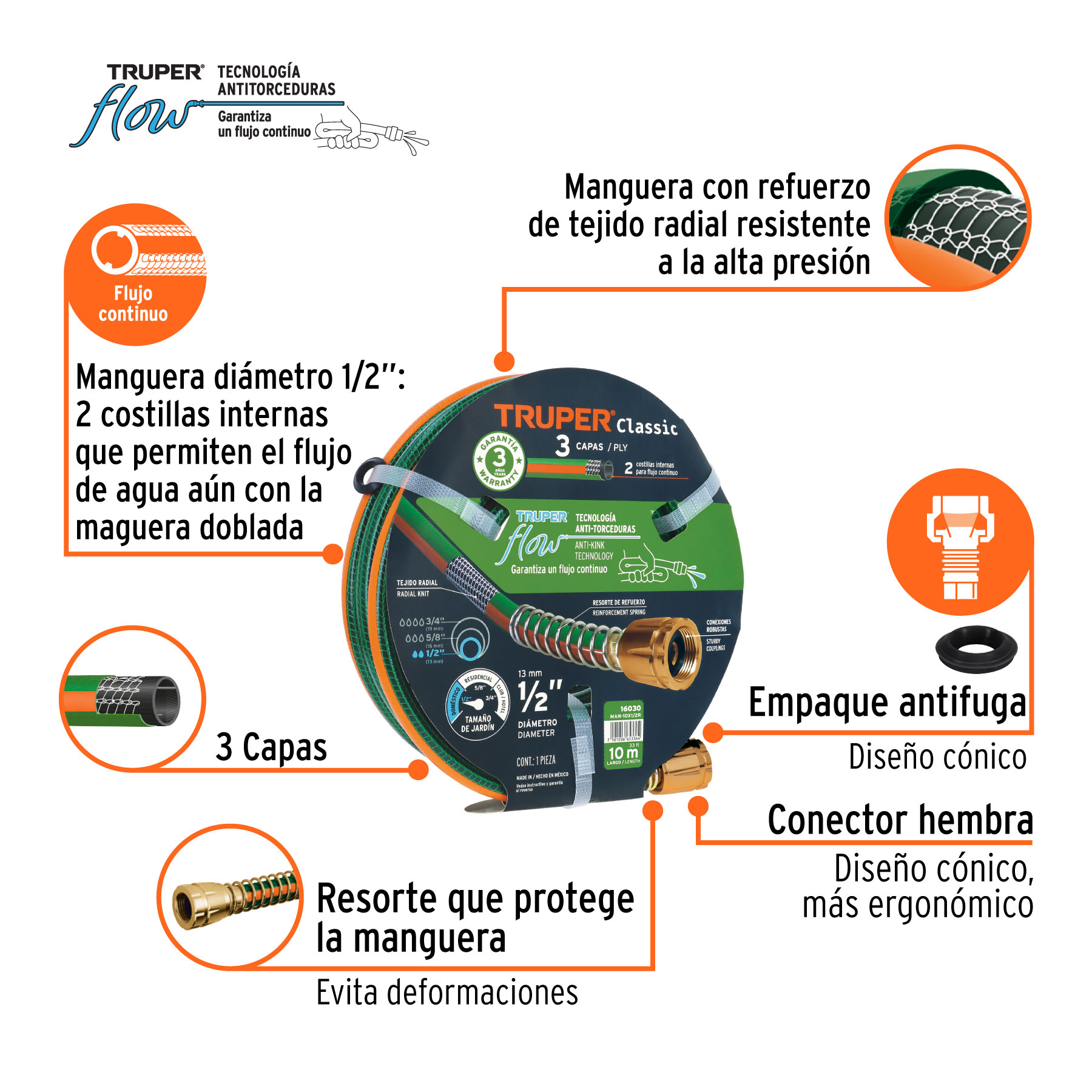 Manguera 1/2" reforzada 3 capas 10 m conexiones de metal TRUPER
