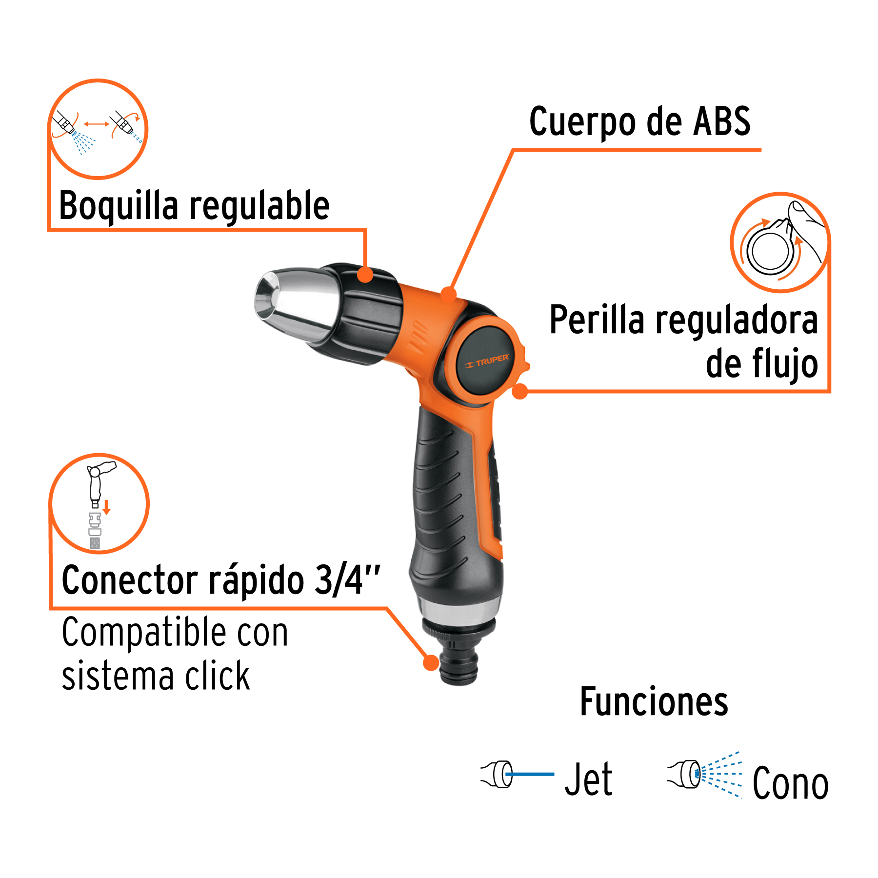 Pistola para riego 2 funciones plástica, boquilla regulable TRUPER