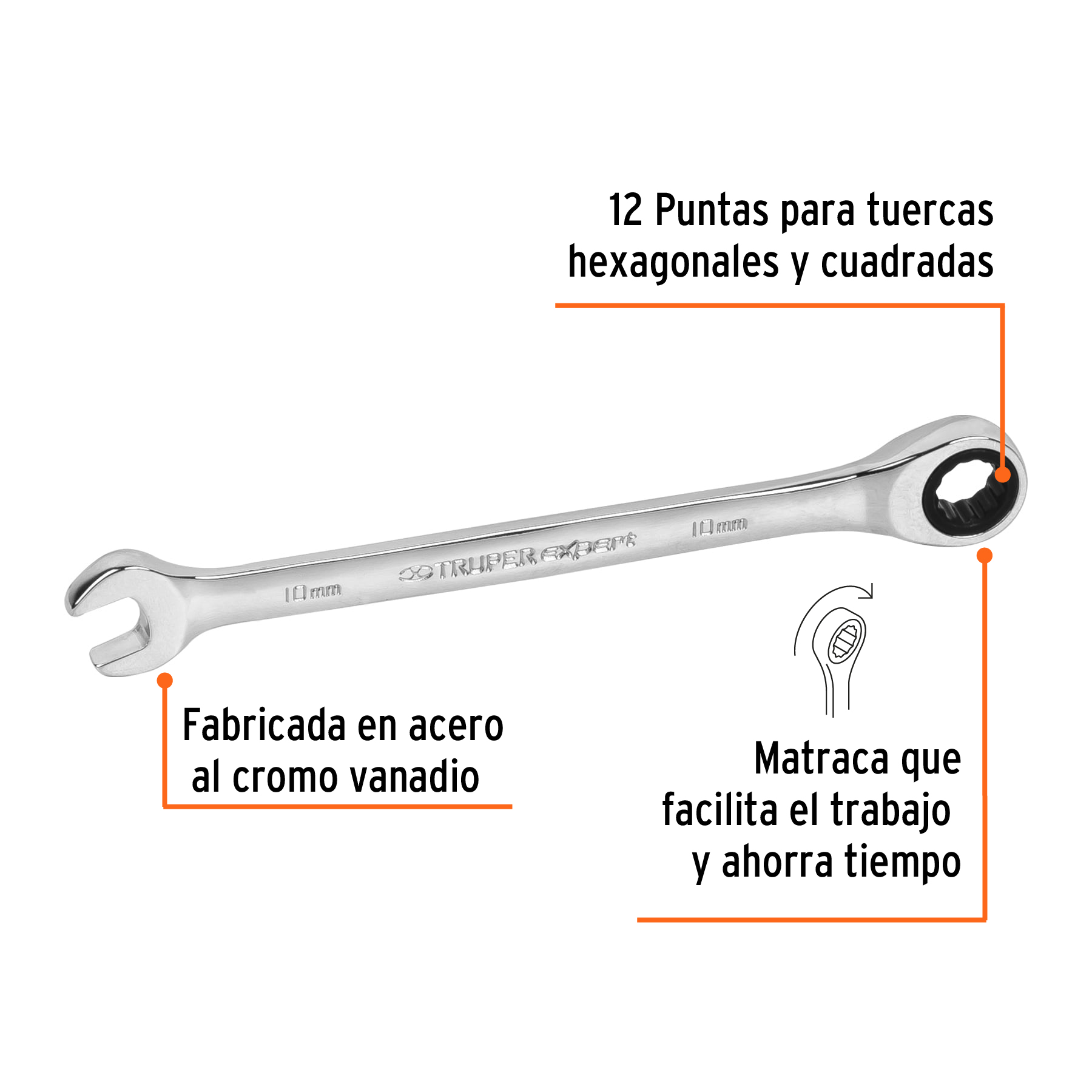 Llave combinada con matraca 10 mm x 154 mm largo, EXPERT TRUPER