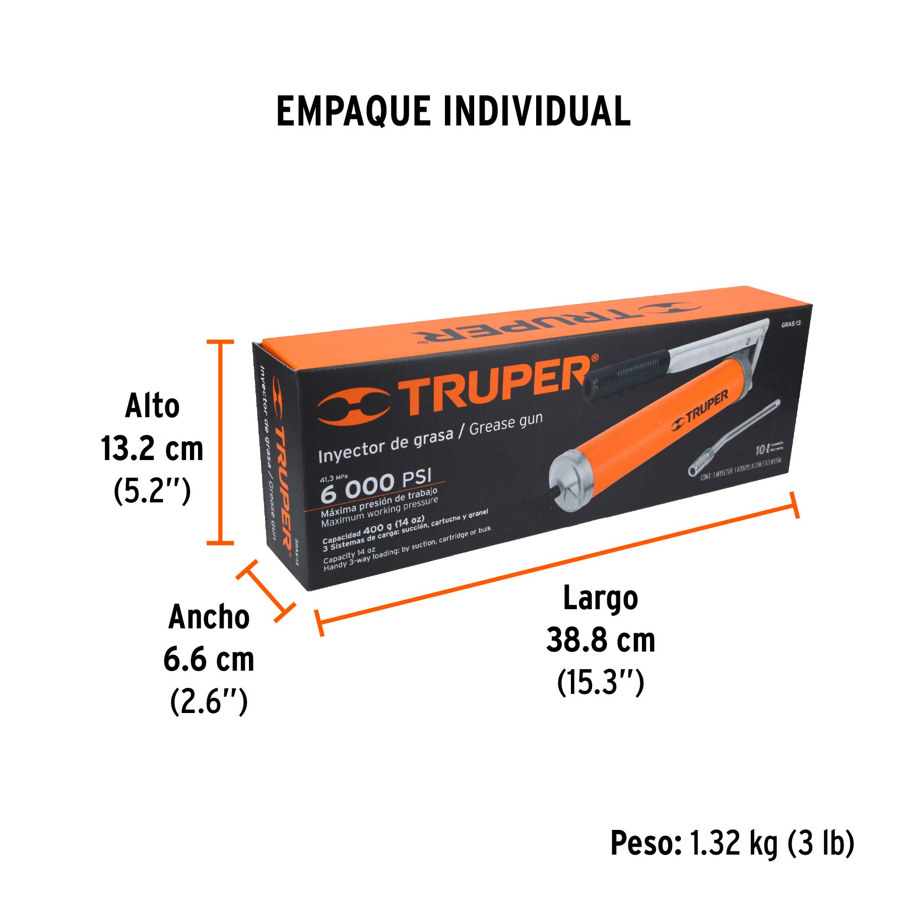 Inyectora de grasa 14 oz, 6000 PSI con grip antiderrapante TRUPER