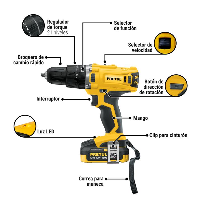 Rotomartillo/destornillador 1/2", 20V, 1 batería 2Ah, PRETUL PRETUL