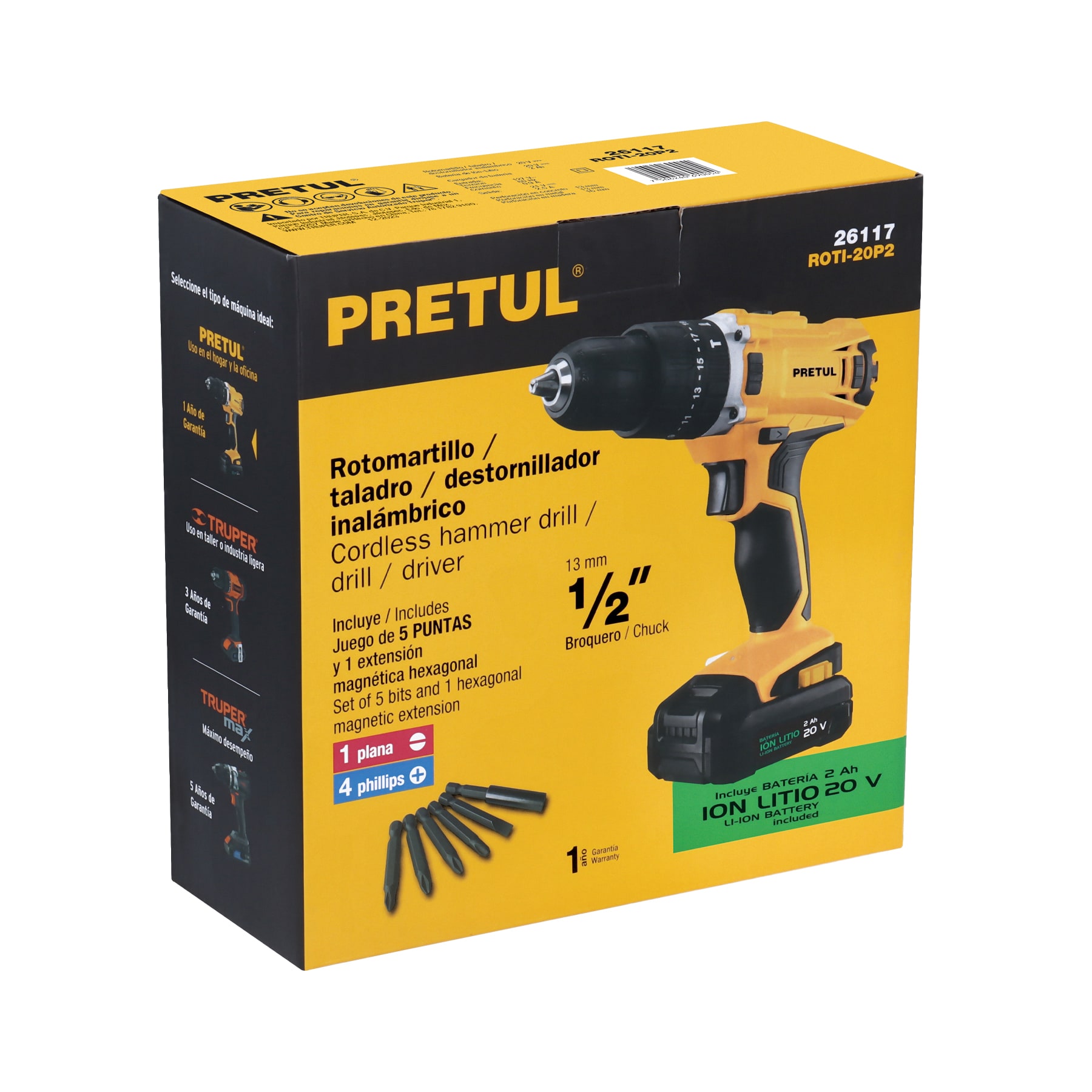 Rotomartillo/destornillador 1/2", 20V, 1 batería 2Ah, PRETUL PRETUL