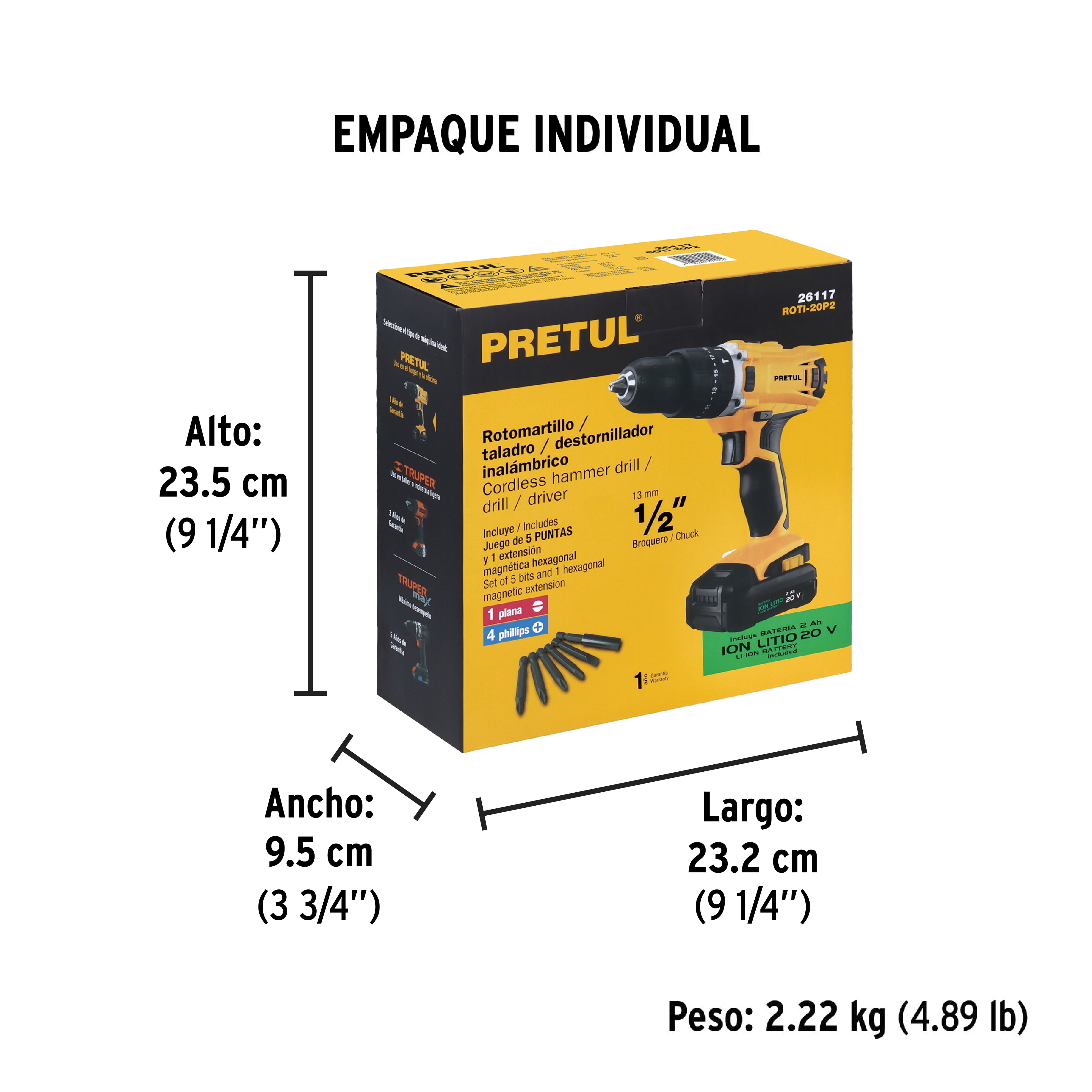 Rotomartillo/destornillador 1/2", 20V, 1 batería 2Ah, PRETUL PRETUL