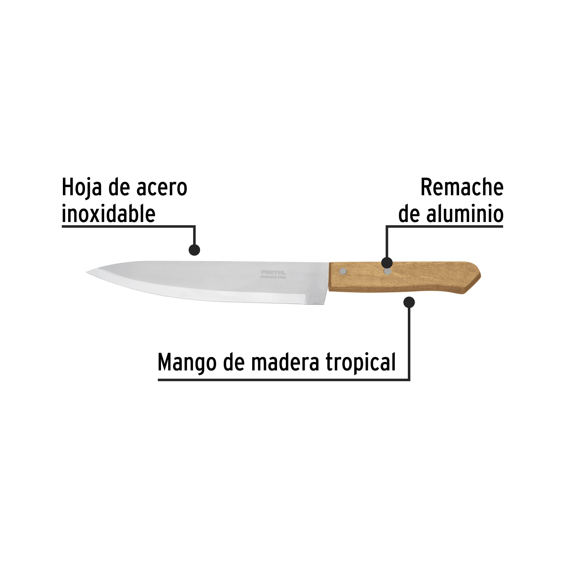 Cuchillo de chef 8" mango de madera, PRETUL PRETUL
