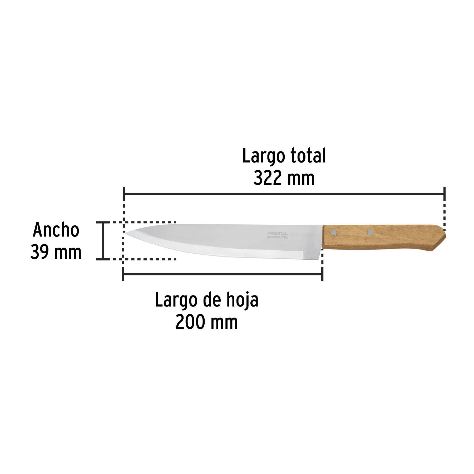 Cuchillo de chef 8" mango de madera, PRETUL PRETUL