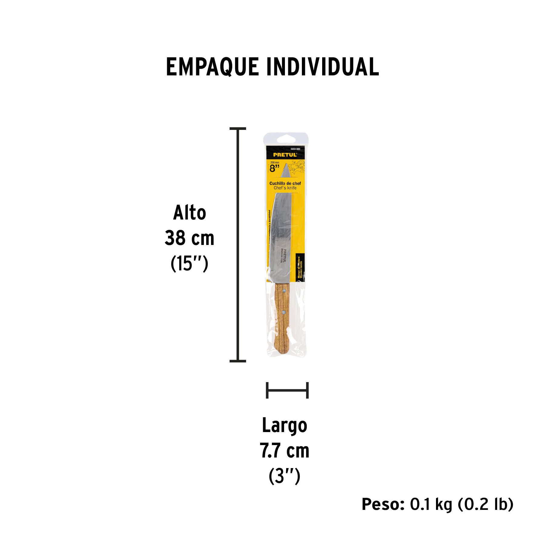Cuchillo de chef 8" mango de madera, PRETUL PRETUL
