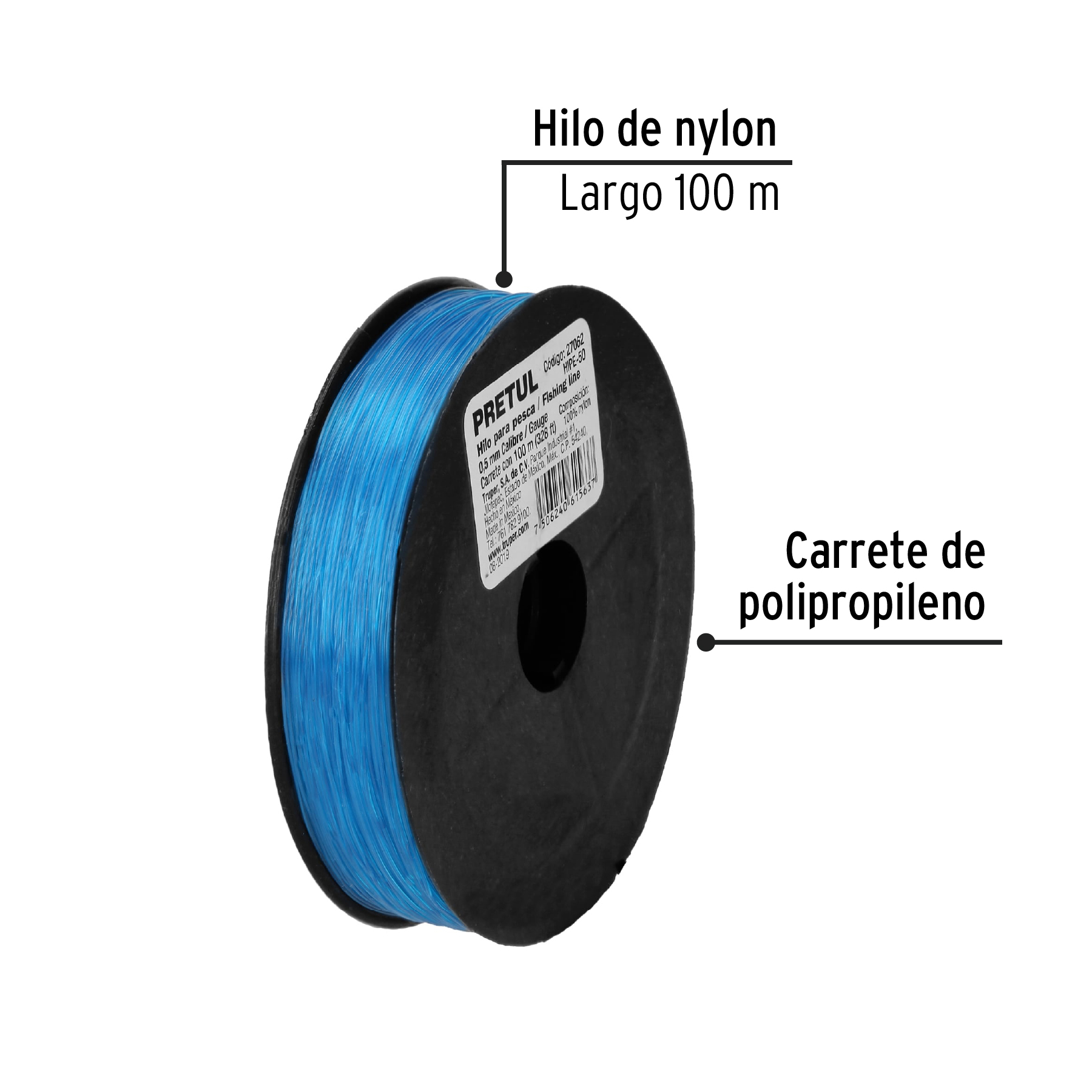 Carrete con 100 m de hilo para pesca azul calibre 0.50 mm PRETUL