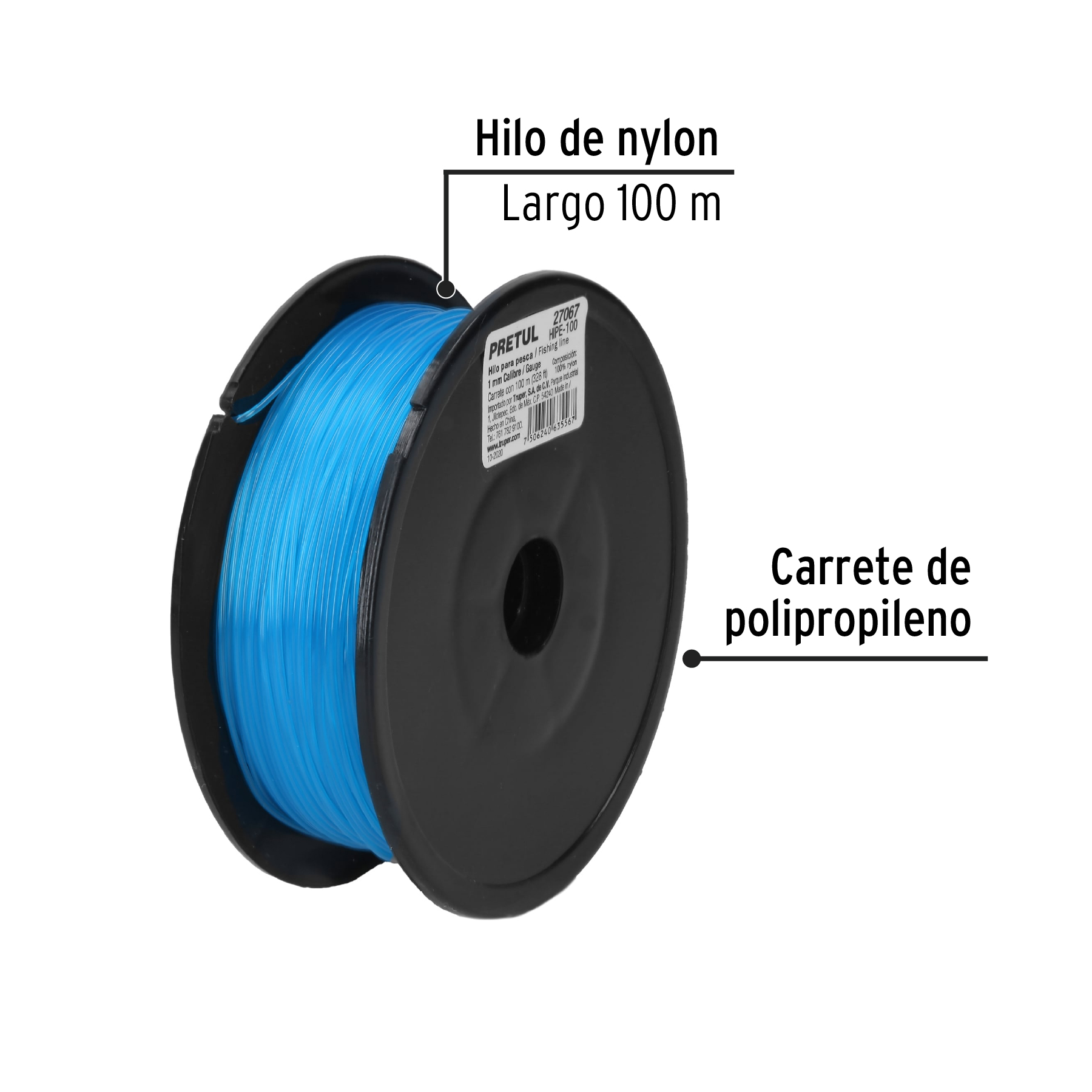 Carrete con 100 m de hilo para pesca azul calibre 1.00 mm PRETUL