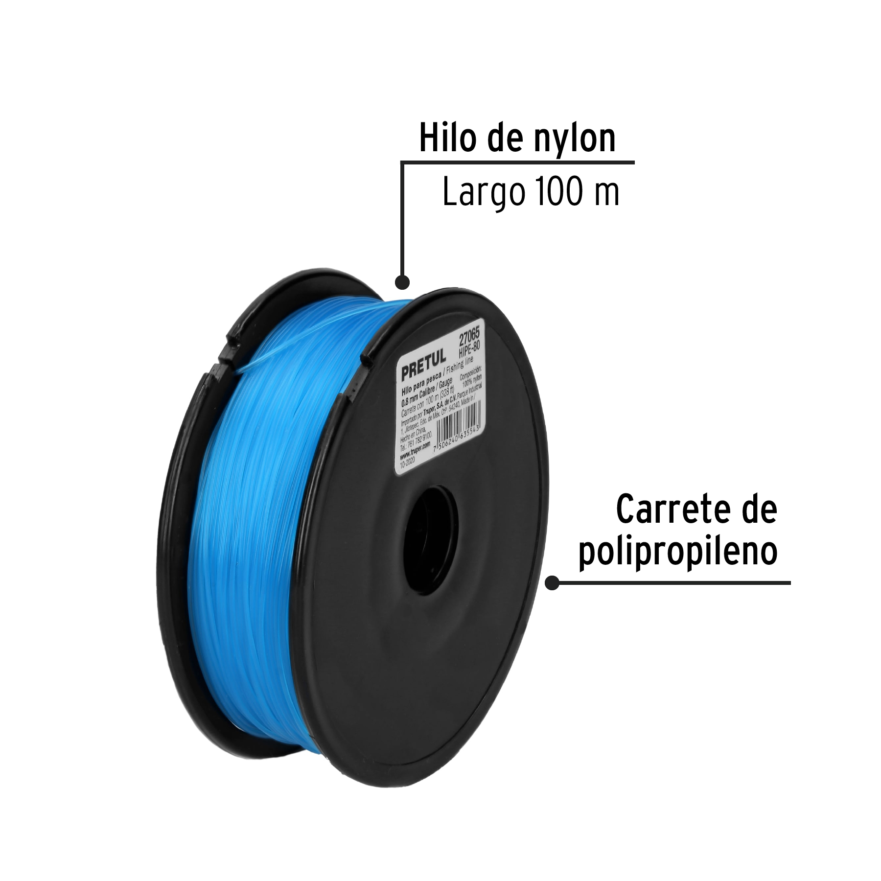 Carrete con 100 m de hilo para pesca azul calibre 0.80 mm PRETUL
