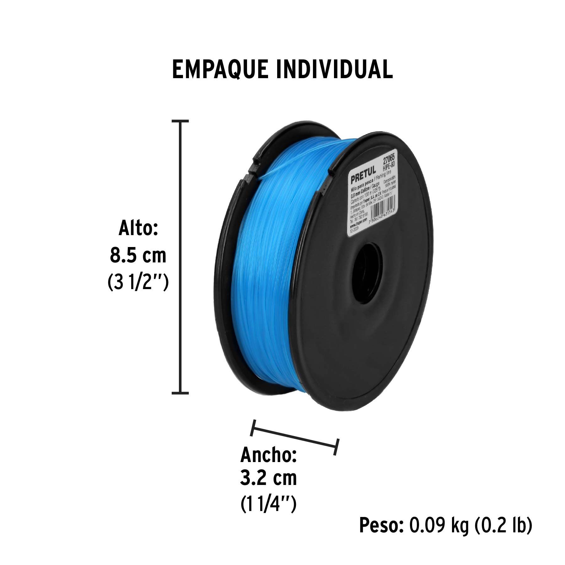 Carrete con 100 m de hilo para pesca azul calibre 0.80 mm PRETUL