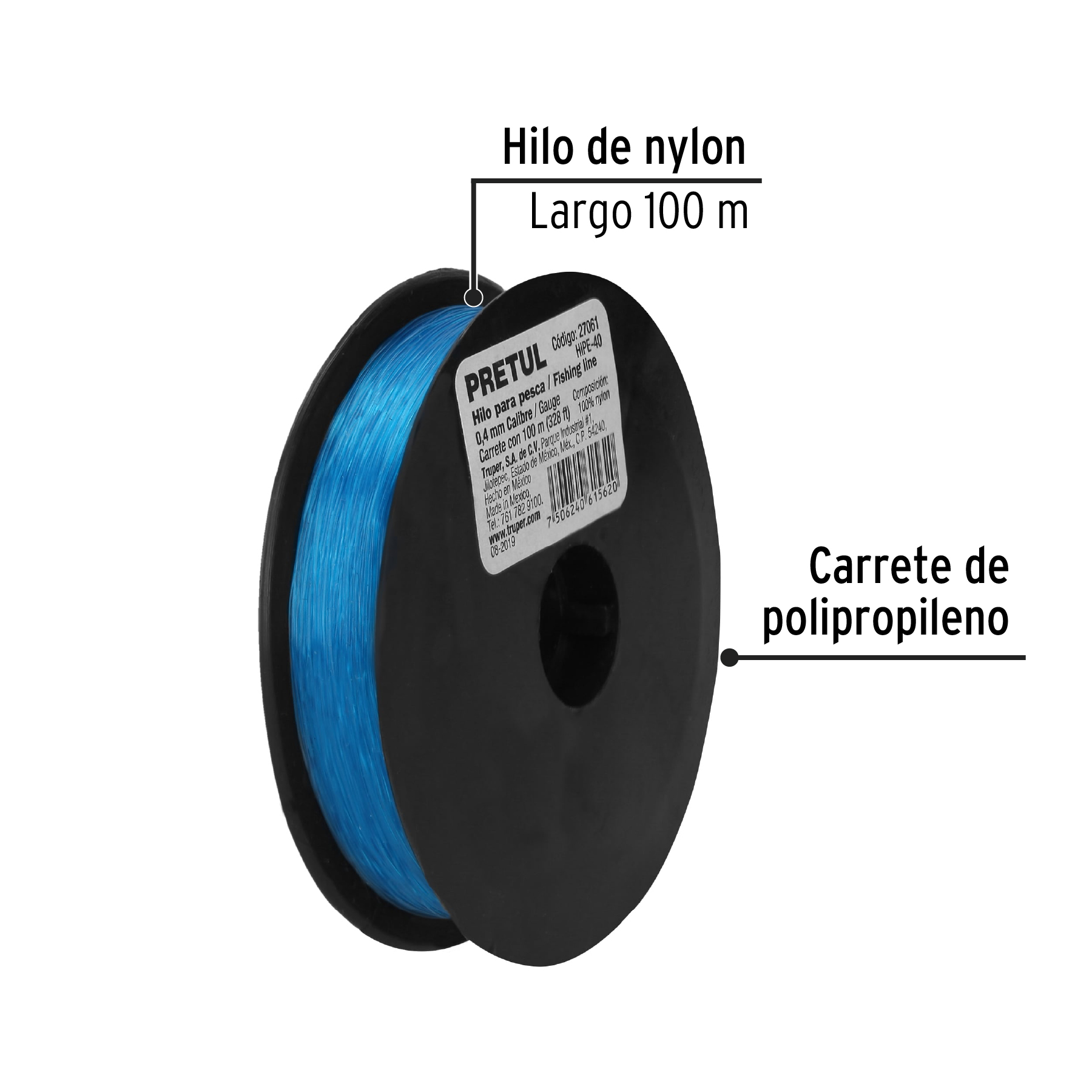 Carrete con 100 m de hilo para pesca azul calibre 0.40 mm PRETUL