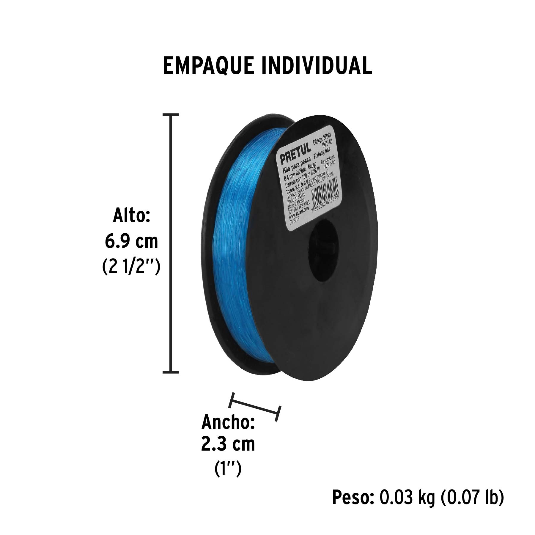 Carrete con 100 m de hilo para pesca azul calibre 0.40 mm PRETUL