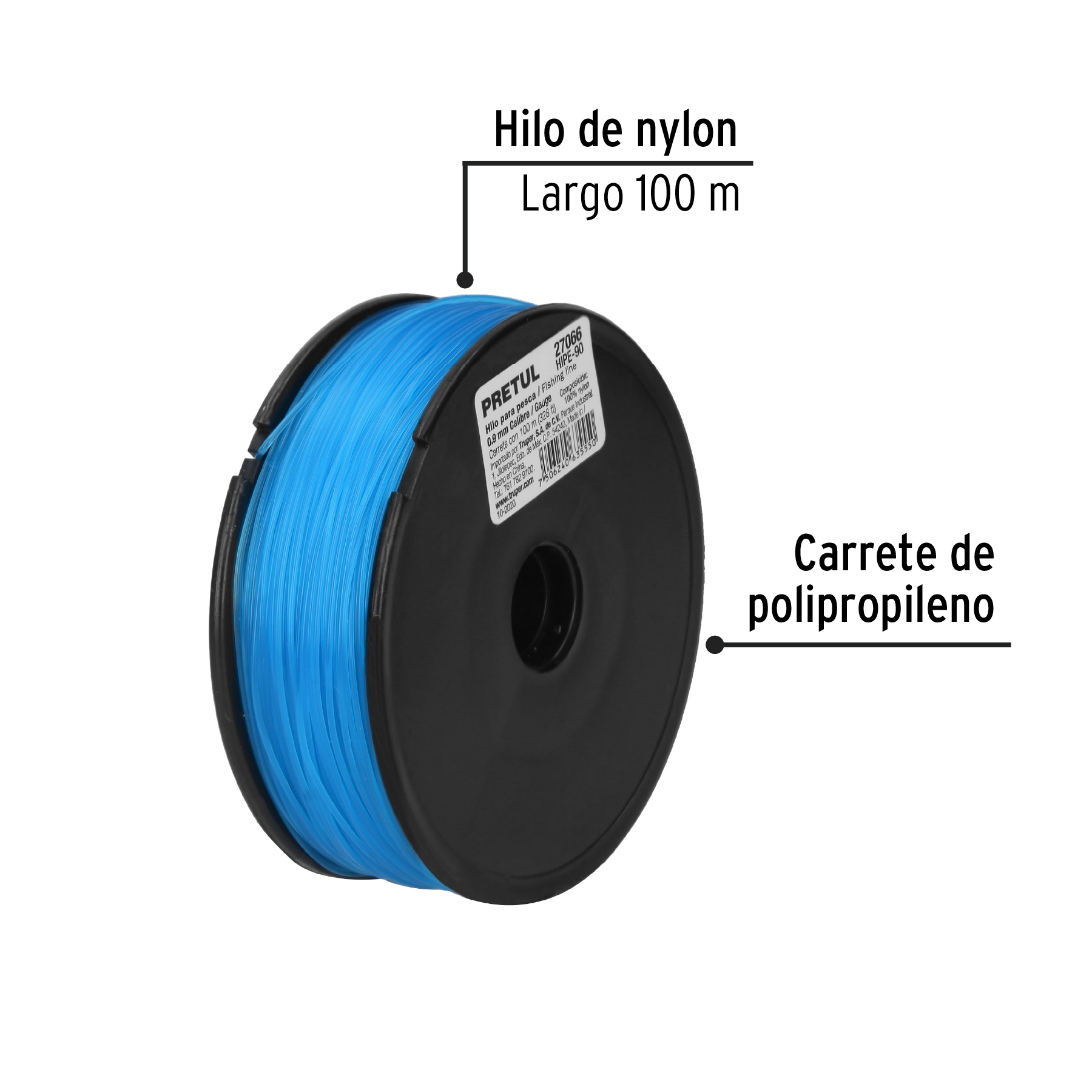 Carrete con 100 m de hilo para pesca azul calibre 0.90 mm PRETUL