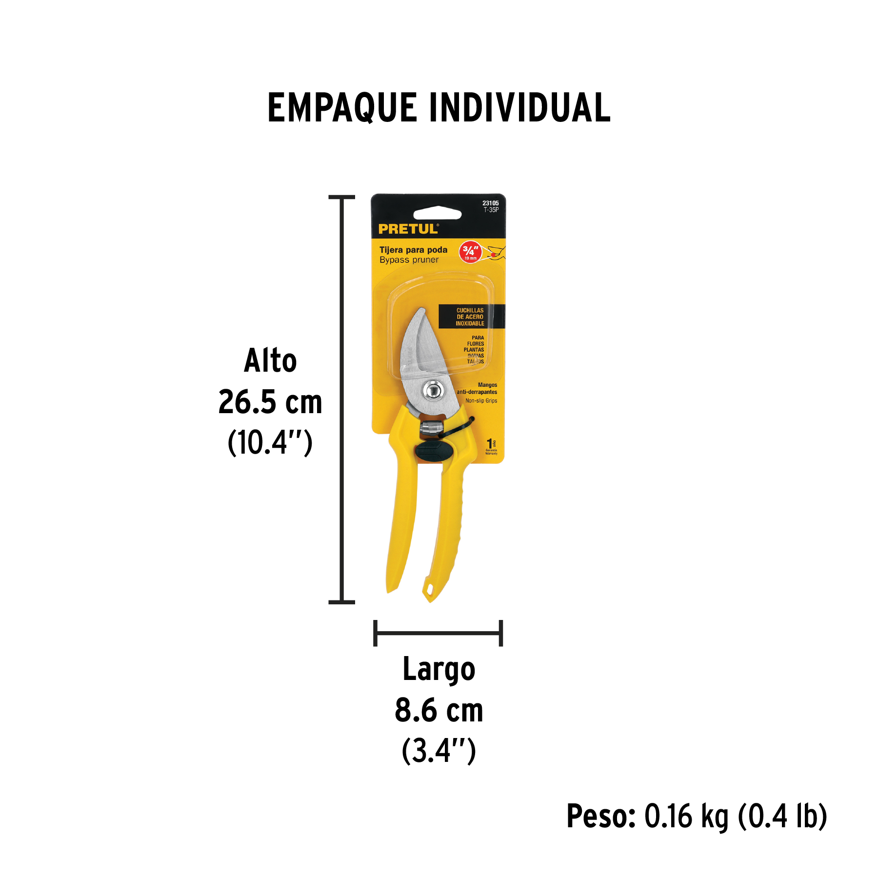 Tijera para poda 8" cuchilla de paso de acero inox, PRETUL PRETUL