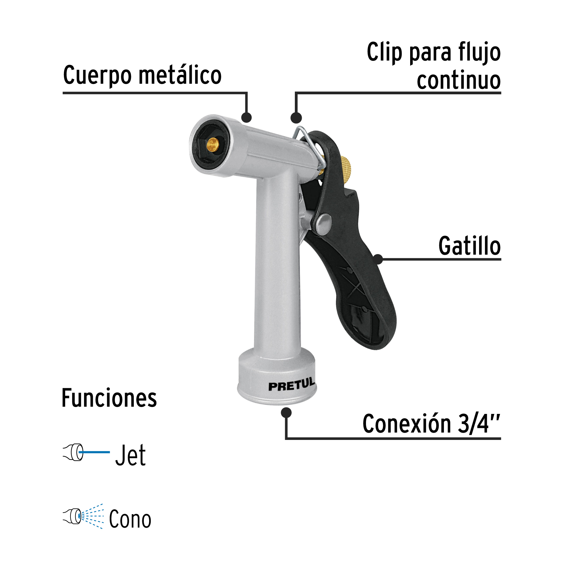 Pistola metálica para riego de 4", 2 funciones, PRETUL PRETUL