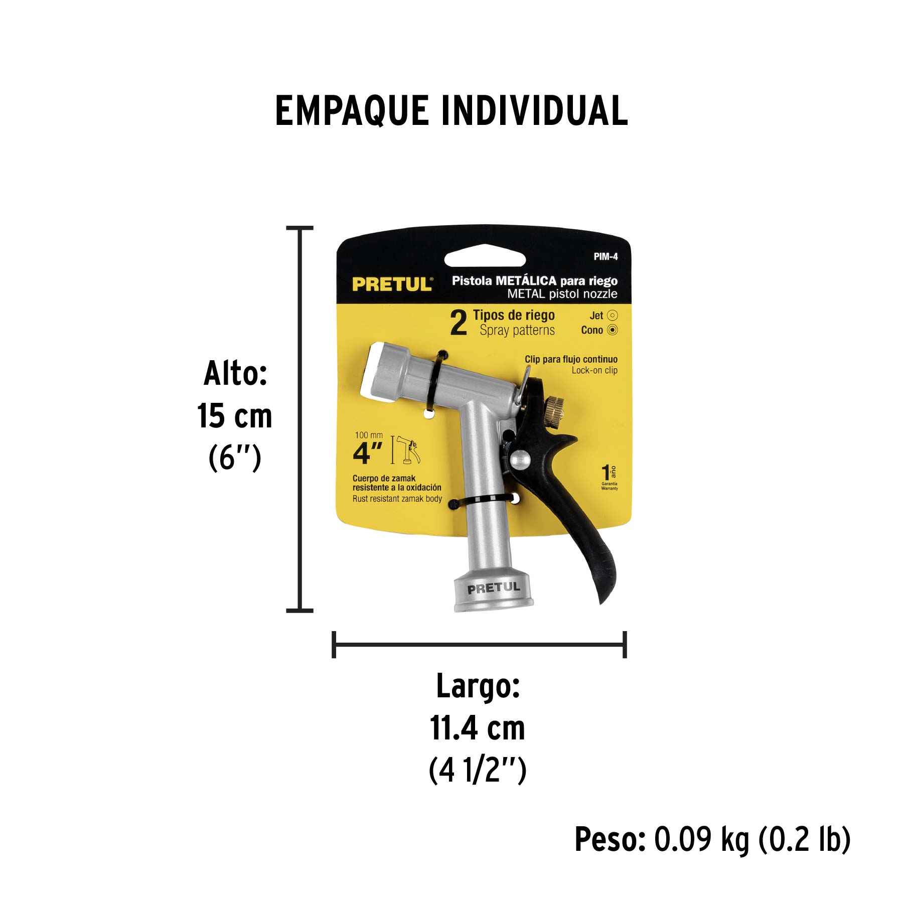 Pistola metálica para riego de 4", 2 funciones, PRETUL PRETUL