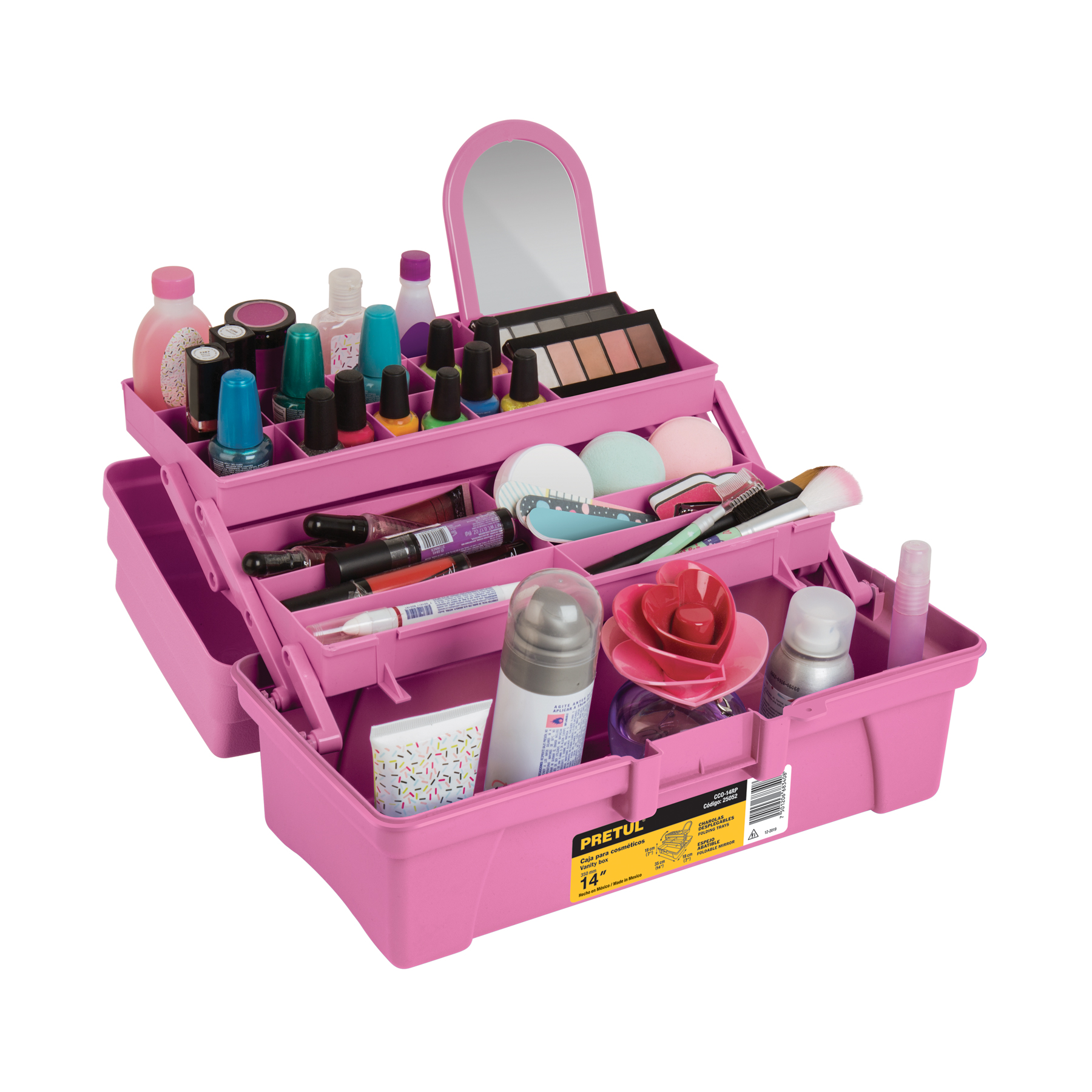 Caja cosmetiquera 14", doble bandeja, rosa, PRETUL PRETUL