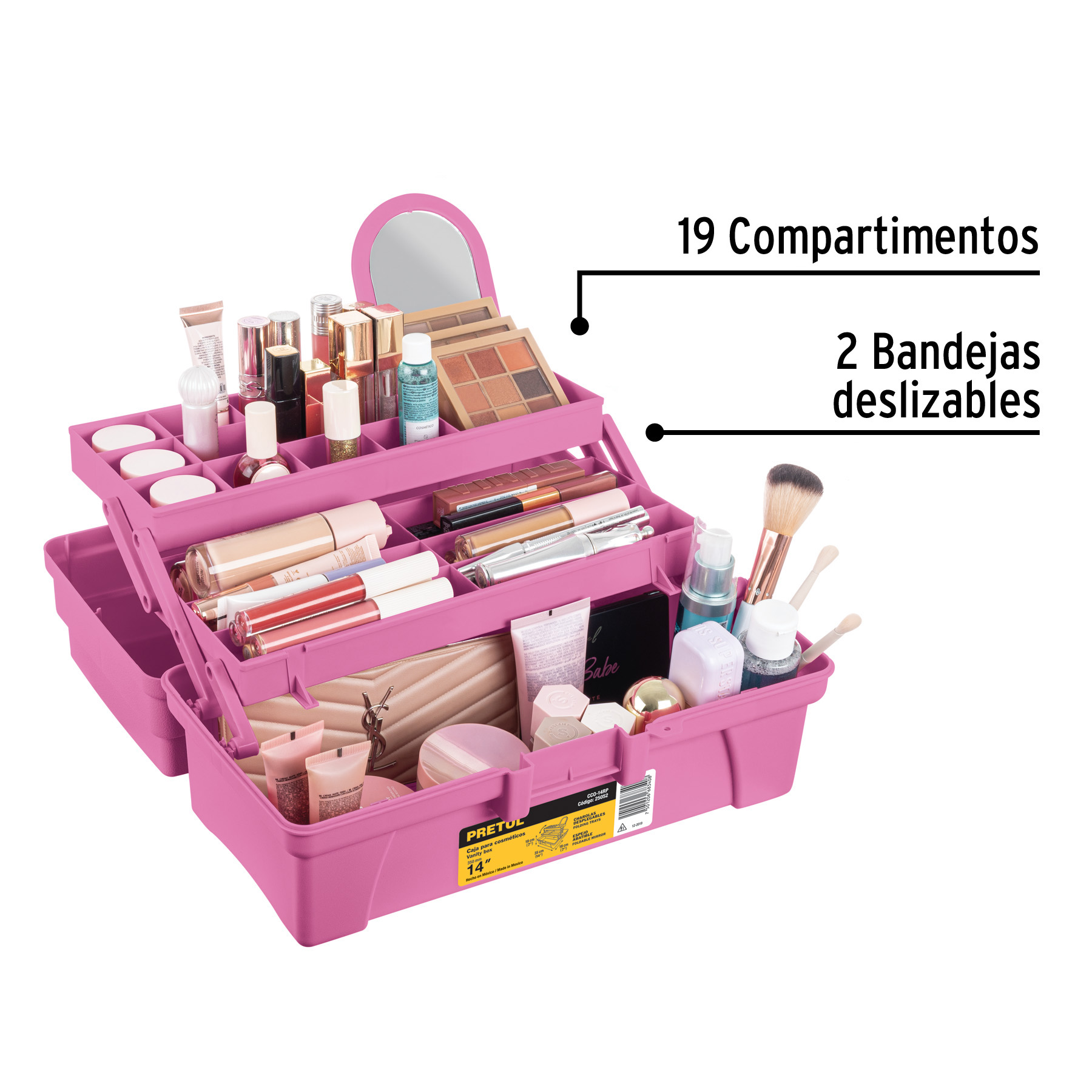 Caja cosmetiquera 14", doble bandeja, rosa, PRETUL PRETUL