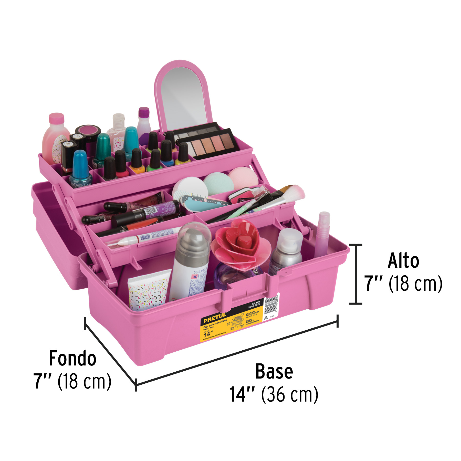 Caja cosmetiquera 14", doble bandeja, rosa, PRETUL PRETUL