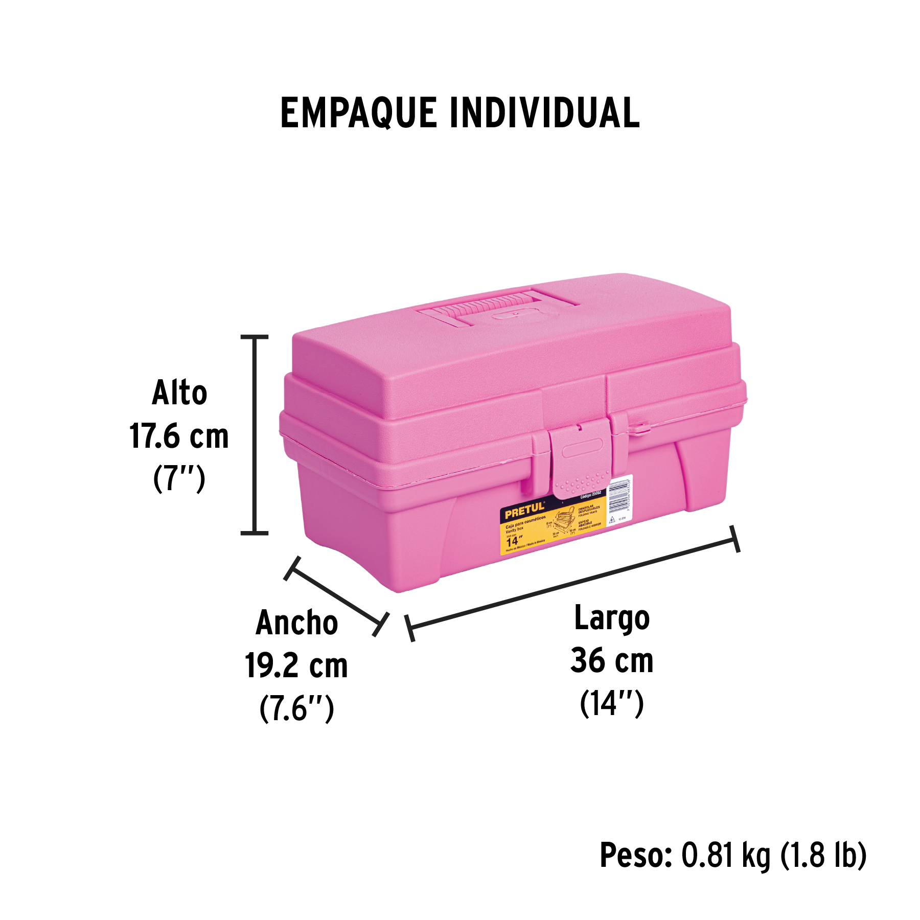Caja cosmetiquera 14", doble bandeja, rosa, PRETUL PRETUL