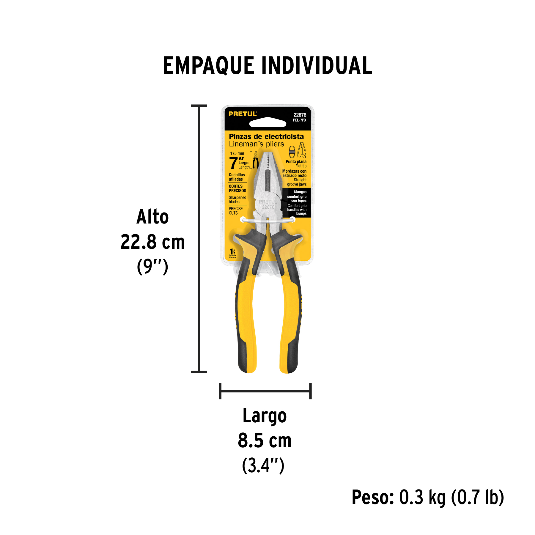 Pinza para electricista 7" mango Comfort Grip, PRETUL PRETUL