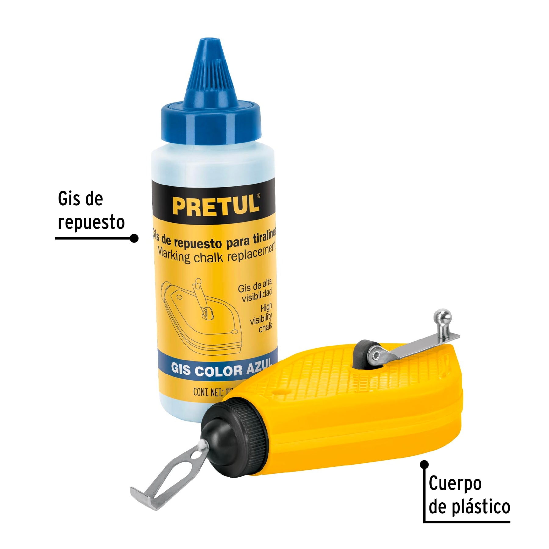 Tiralíneas plástico con gis azul, 15 m (50 ft), PRETUL PRETUL