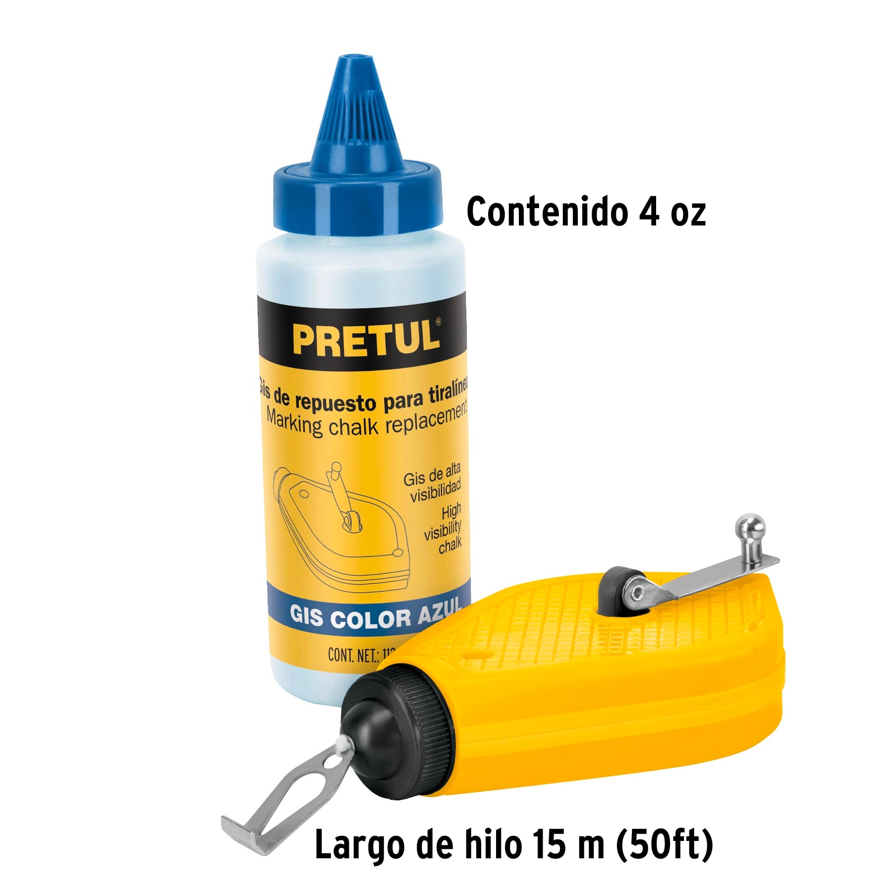 Tiralíneas plástico con gis azul, 15 m (50 ft), PRETUL PRETUL