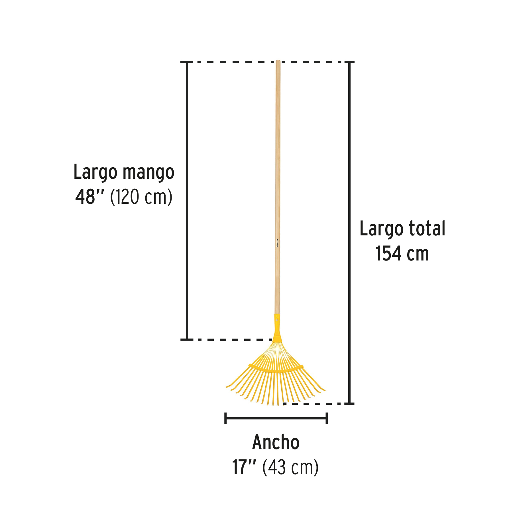 Escoba metálica para jardín, curva, 20 dientes, mango 48" PRETUL