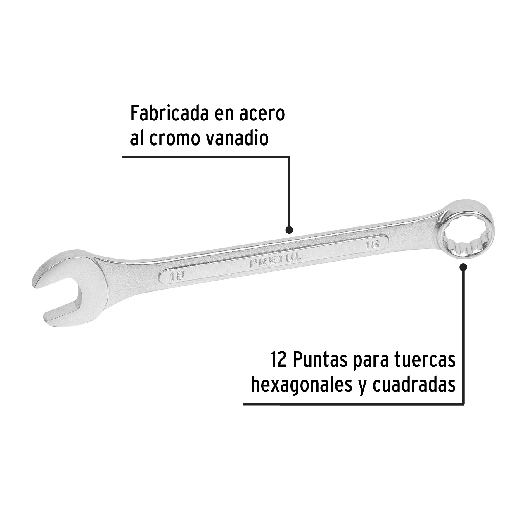 Llave combinada 18 mm x 220 mm de largo, PRETUL PRETUL
