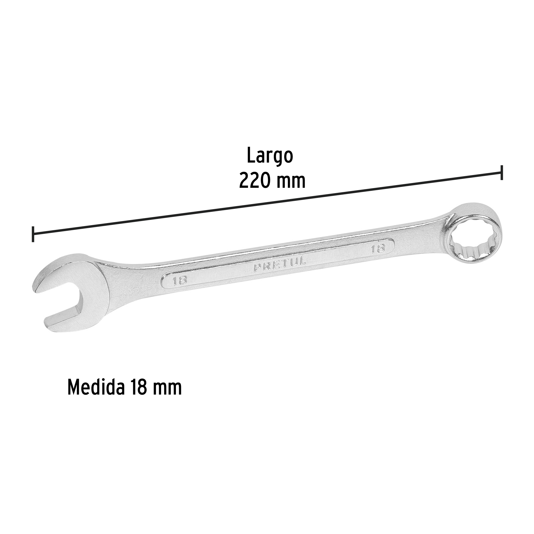 Llave combinada 18 mm x 220 mm de largo, PRETUL PRETUL