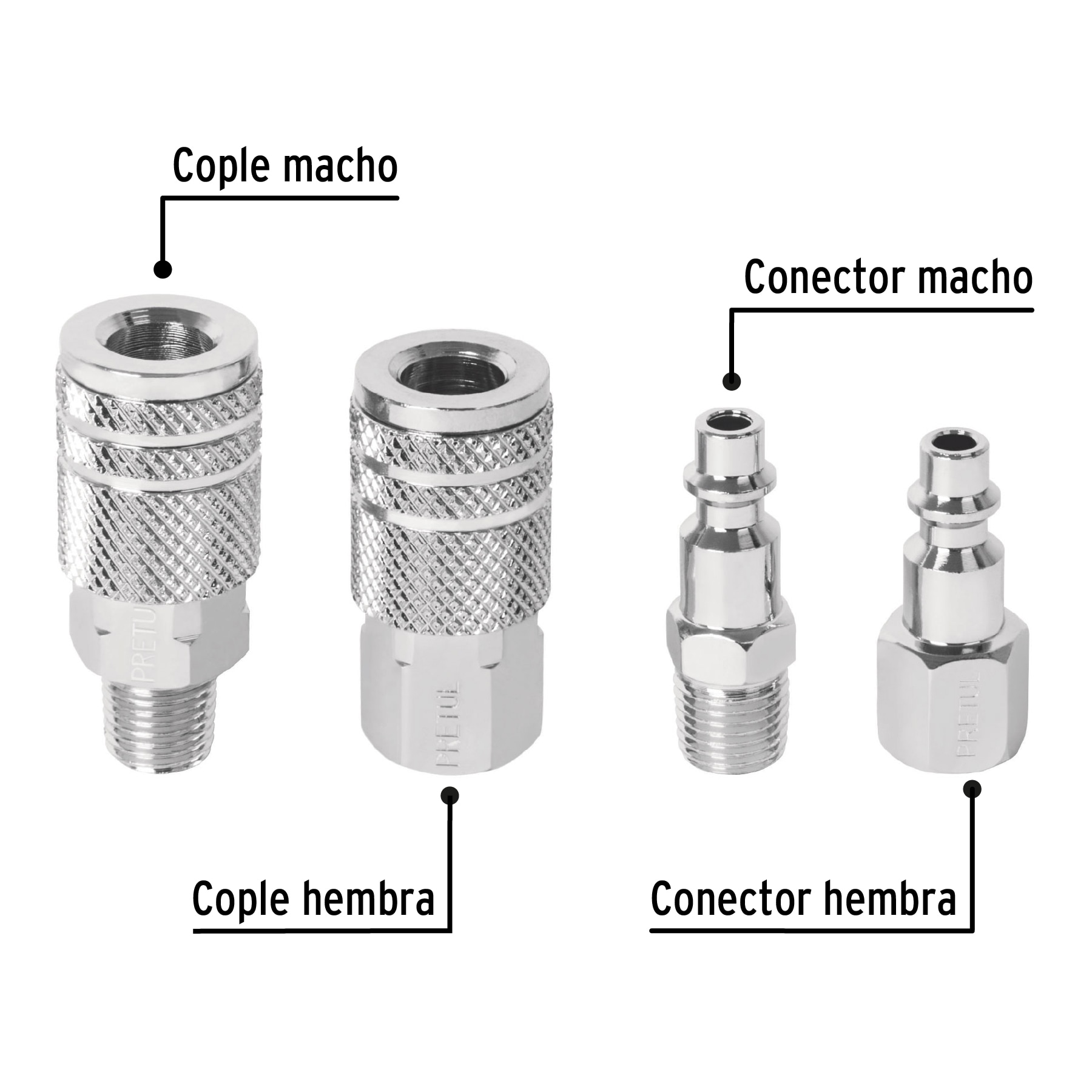 Juego de 2 conectores rápidos y 2 coples, de acero, PRETUL PRETUL