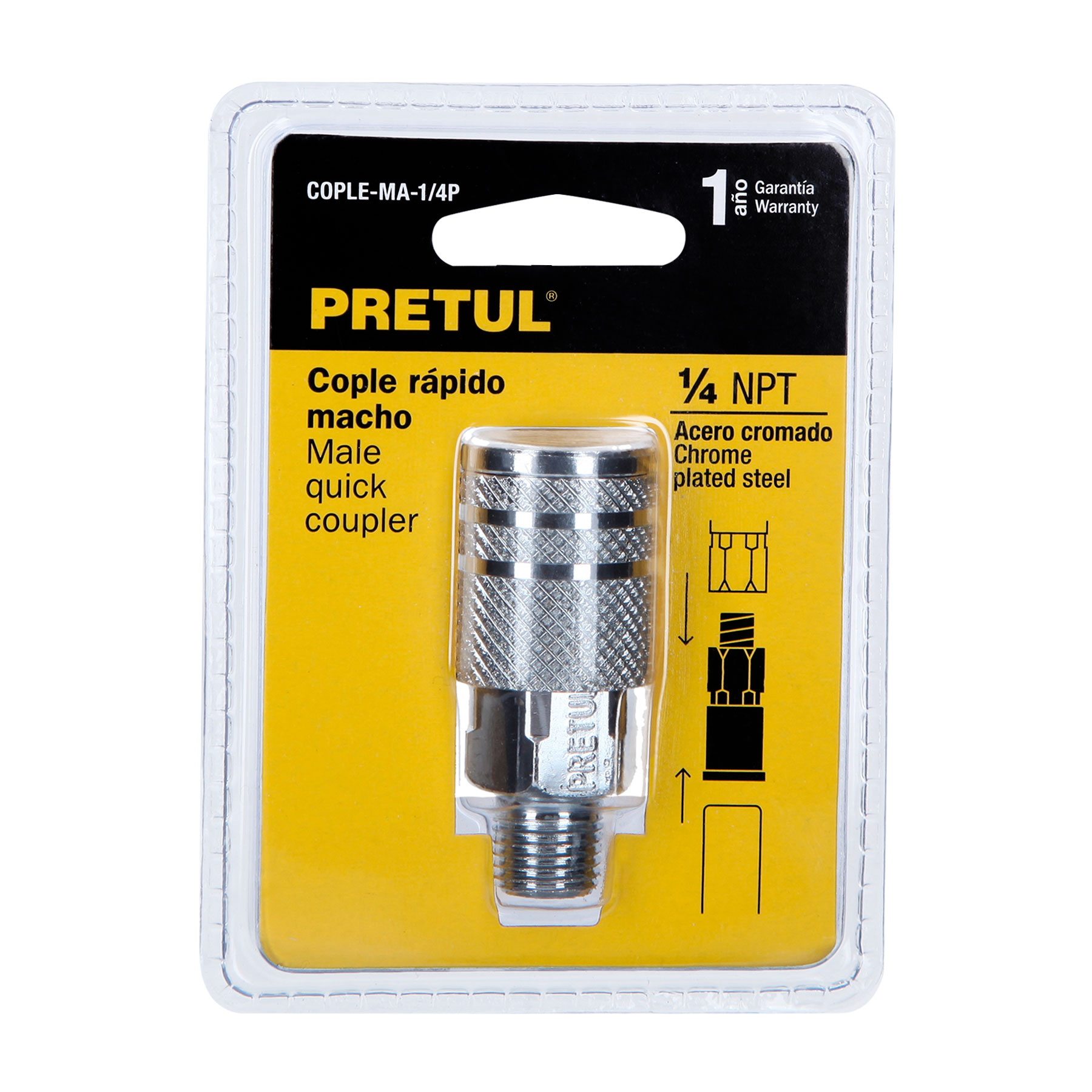 Cople rápido de acero, macho, cuerda 1/4" NPT, PRETUL PRETUL