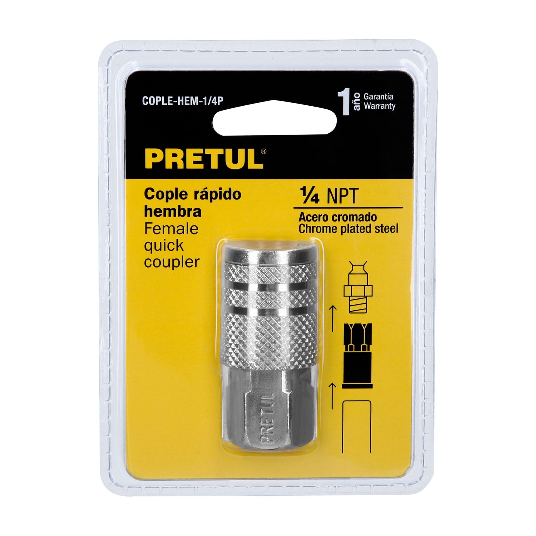 Cople rápido de acero, hembra, cuerda 1/4" NPT, PRETUL PRETUL