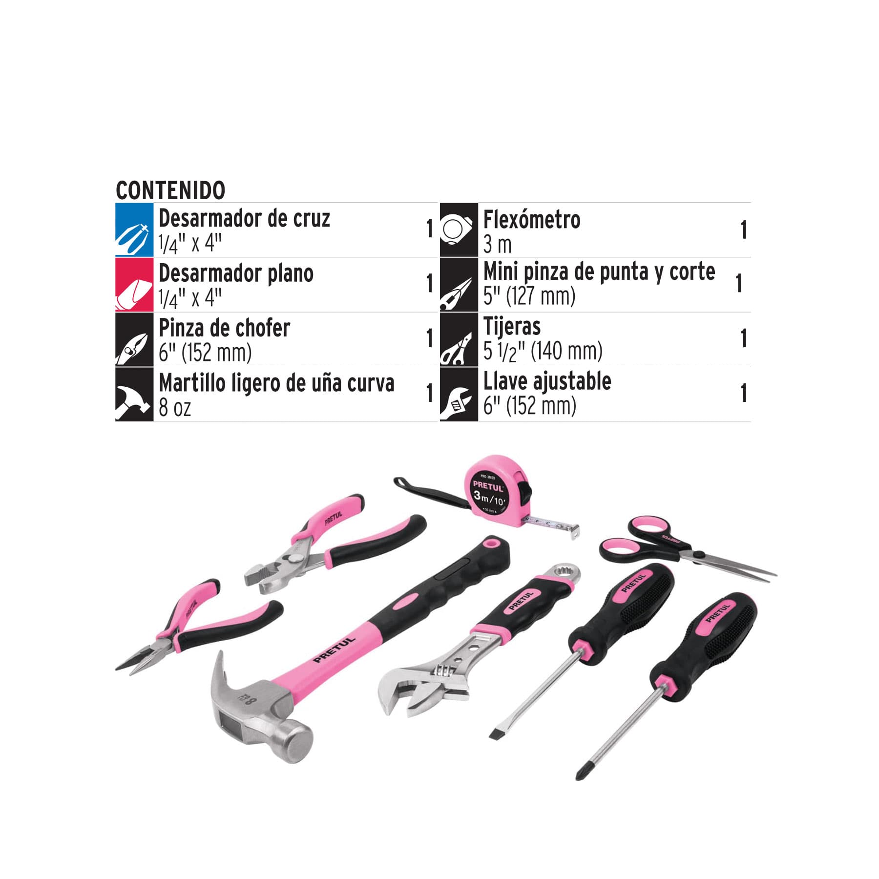 Juego de herramientas básicas, color rosa, 8 piezas, PRETUL PRETUL