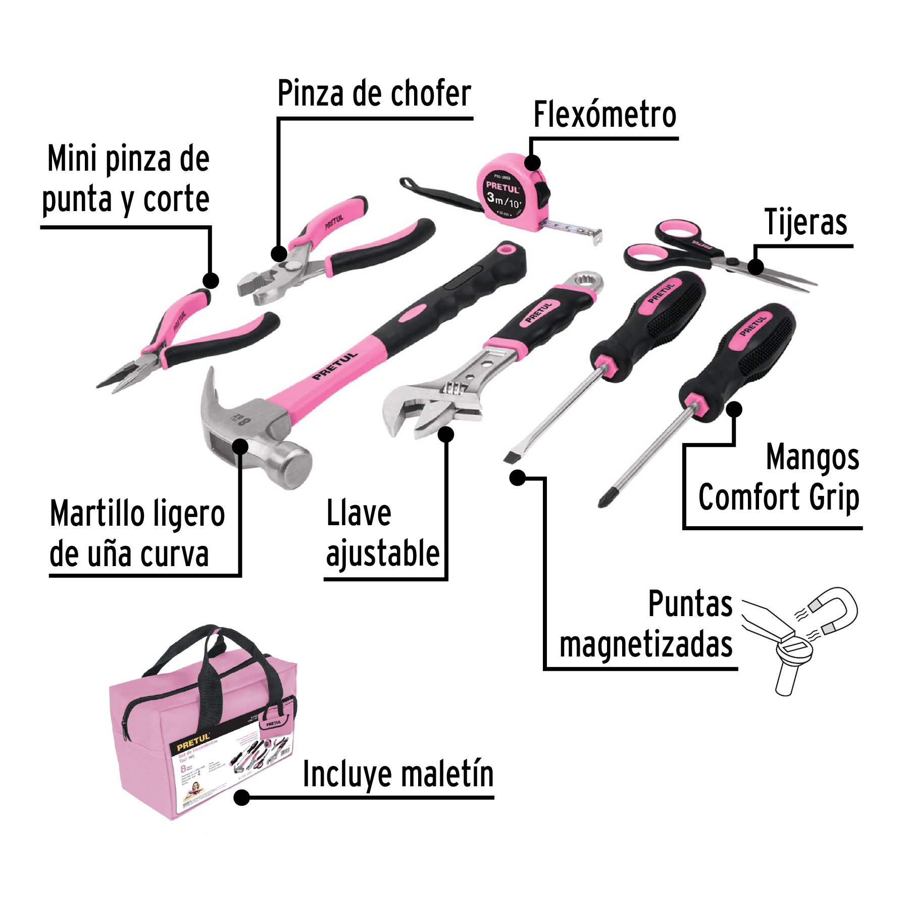 Juego de herramientas básicas, color rosa, 8 piezas, PRETUL PRETUL
